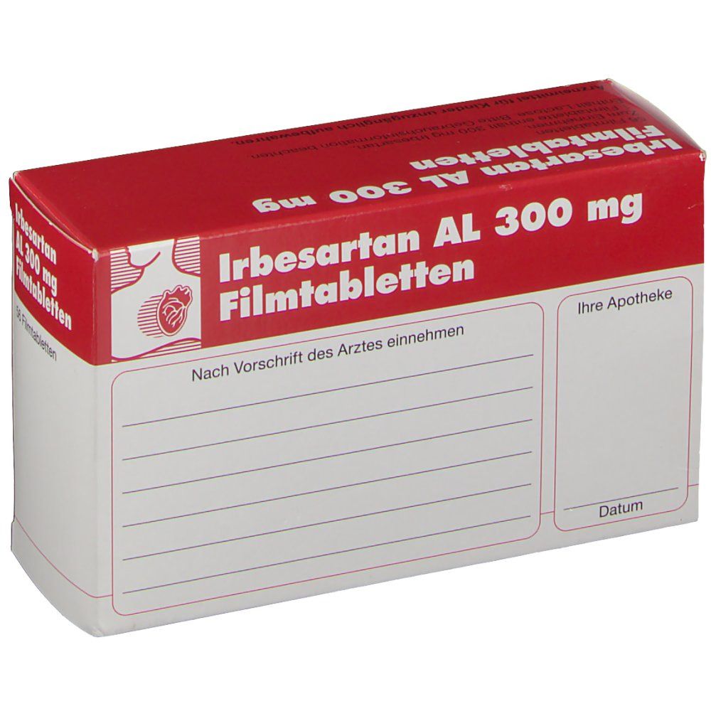 Arzneimittelpackung mit rotem Deckel. Beschriftung: Irbesartan AL 300 mg Filmtabletten. Rückseite mit Notizen und Datum.