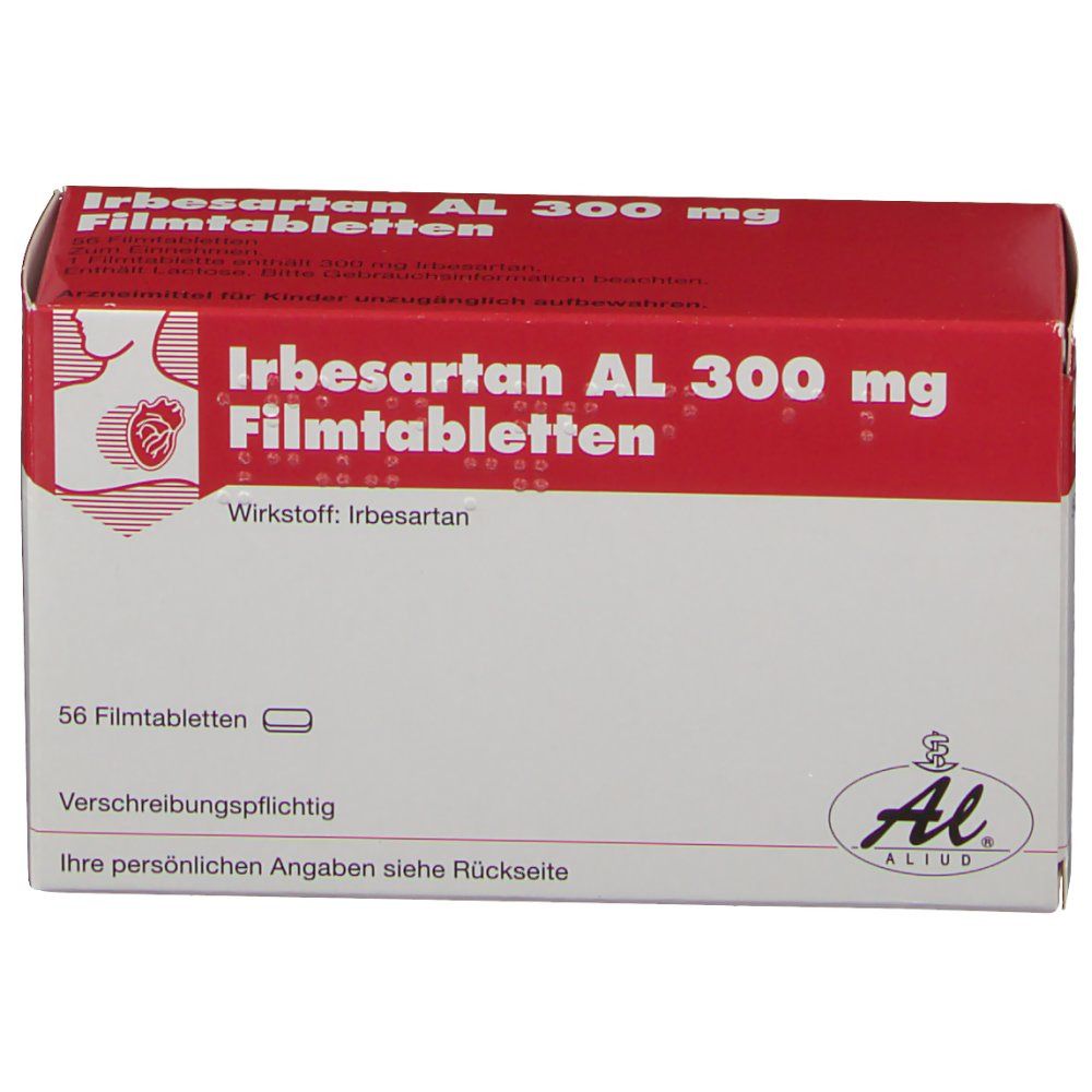 Arzneimittelpackung mit rotem Deckel. Beschriftung: Irbesartan AL 300 mg Filmtabletten. Enthält 56 Tabletten. Al logo.