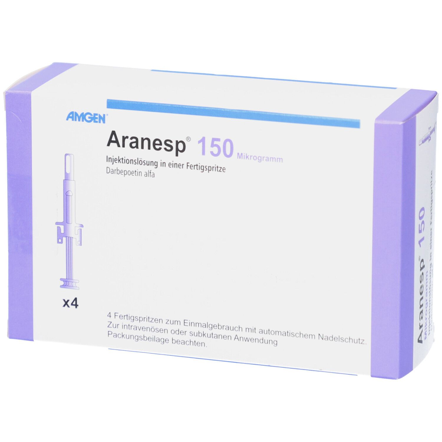 Aranesp 150 Mikrogramm, Packung mit 4 Fertigspritzen. Lila und weißer Karton mit Produktinformationen und einer Abbildung einer Spritze.