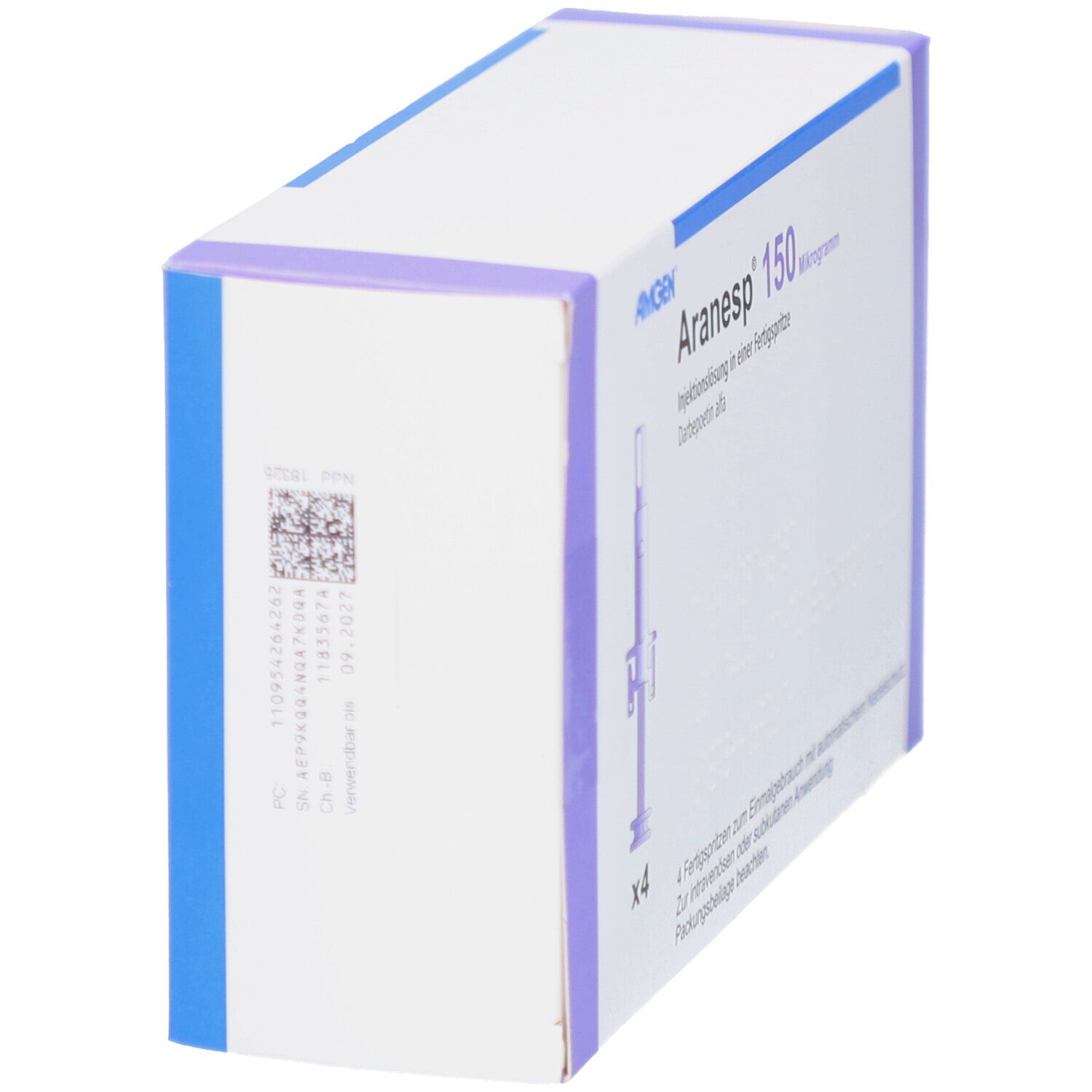 Schrägansicht der Aranesp 150 Mikrogramm Packung. Auf der Seite sind Informationen und ein Barcode abgebildet.
