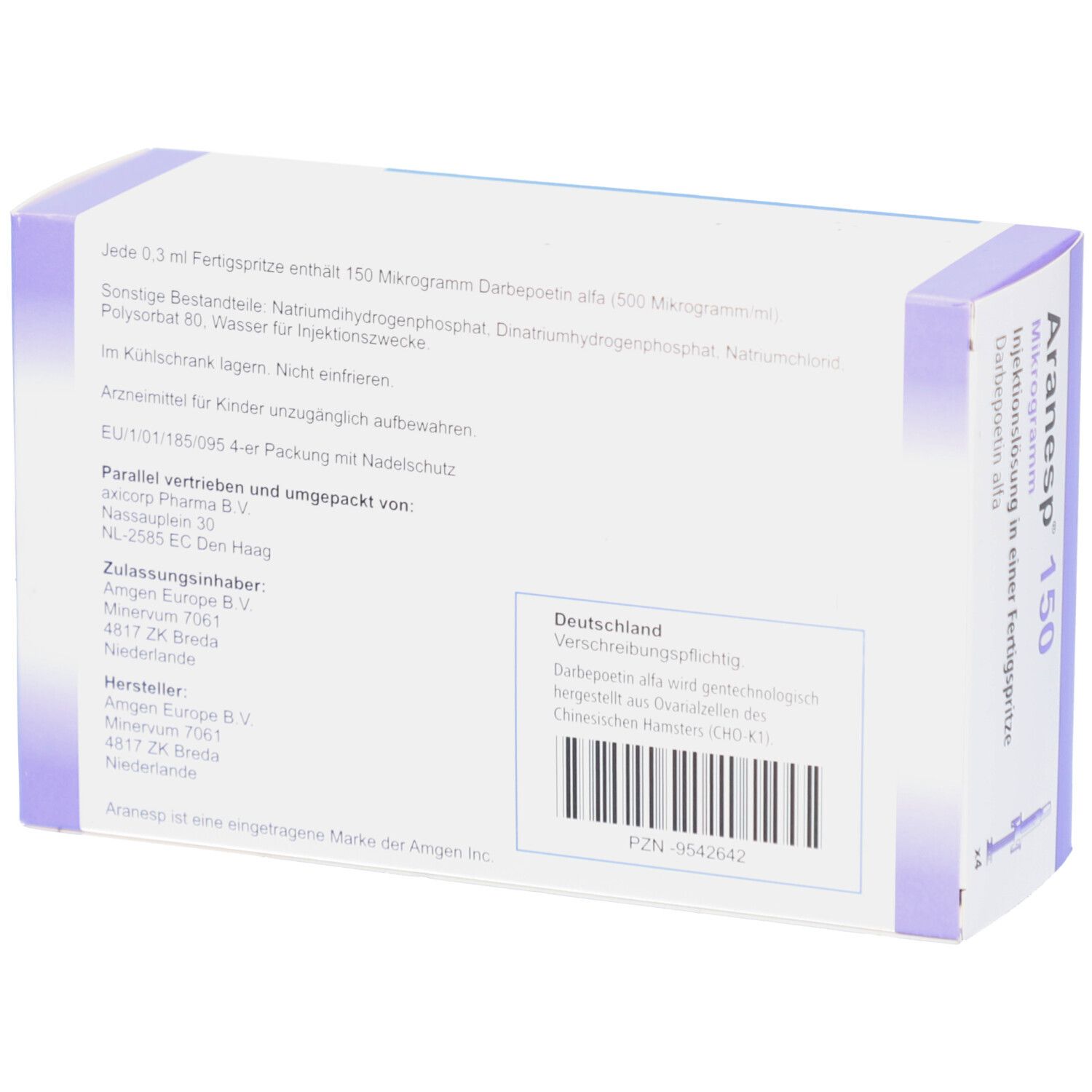 Rückseite der Aranesp 150 Mikrogramm Packung. Enthält Informationen über Inhaltsstoffe, Hersteller und Barcode.