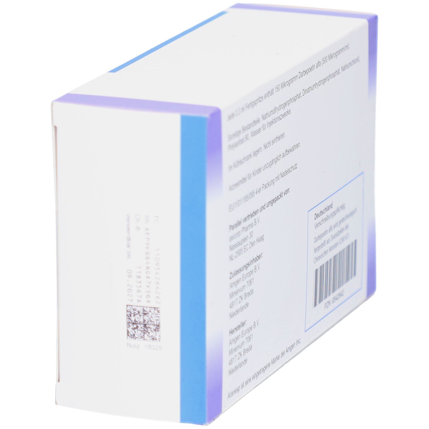 Schrägansicht der Rückseite der Aranesp 150 Mikrogramm Packung. Informationen und Barcode sind sichtbar.