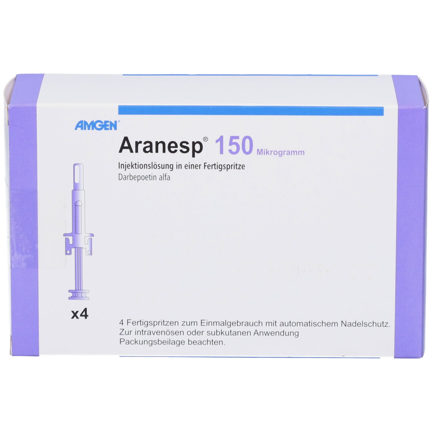 Aranesp 150 Mikrogramm Packung mit 4 Fertigspritzen. Weißer Karton mit lila Akzenten und Produktinformationen.