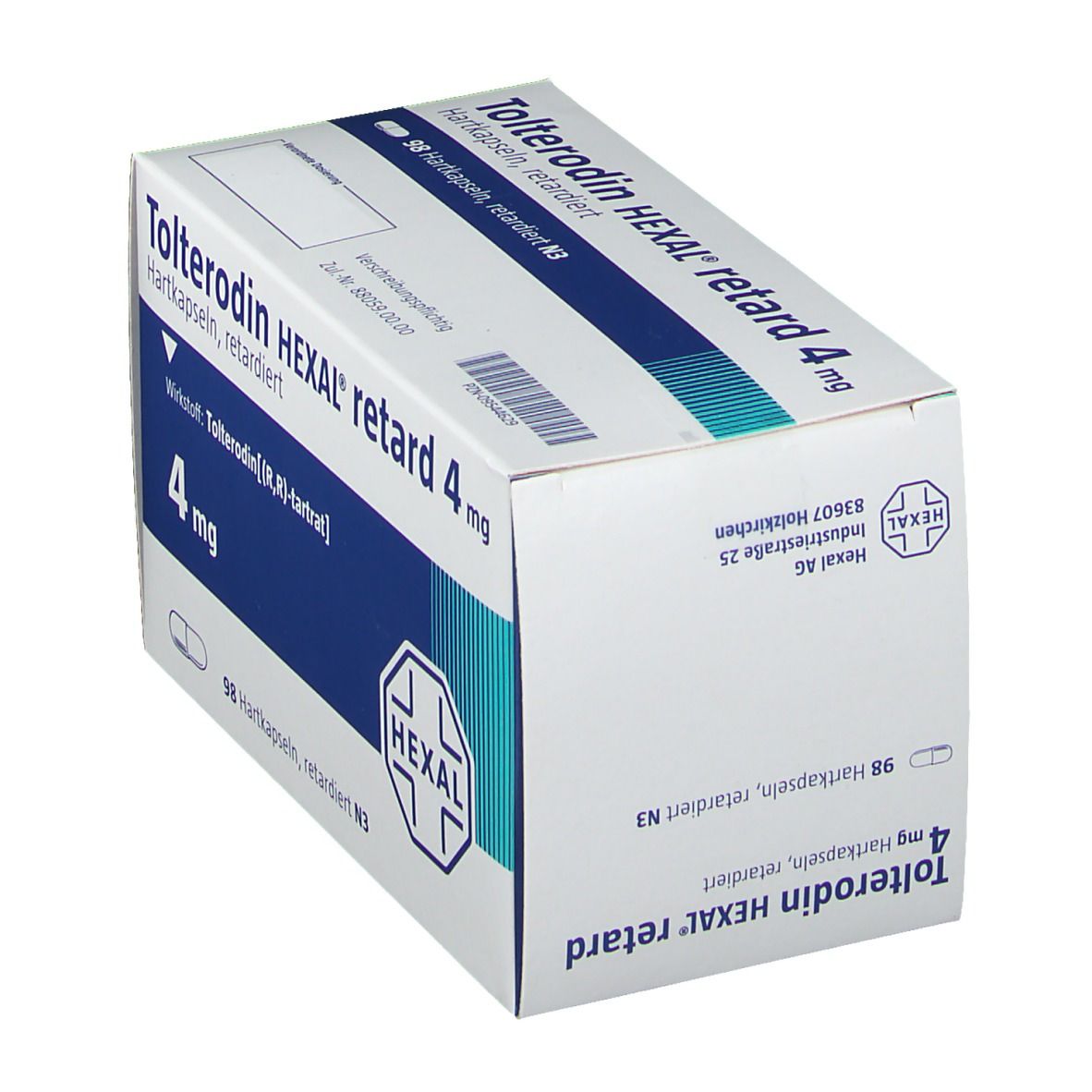 Schräg stehende weiße Faltschachtel mit blauer Fläche. Aufdruck: Tolterodin HEXAL retard 4 mg, 98 Hartkapseln. Logo HEXAL.
