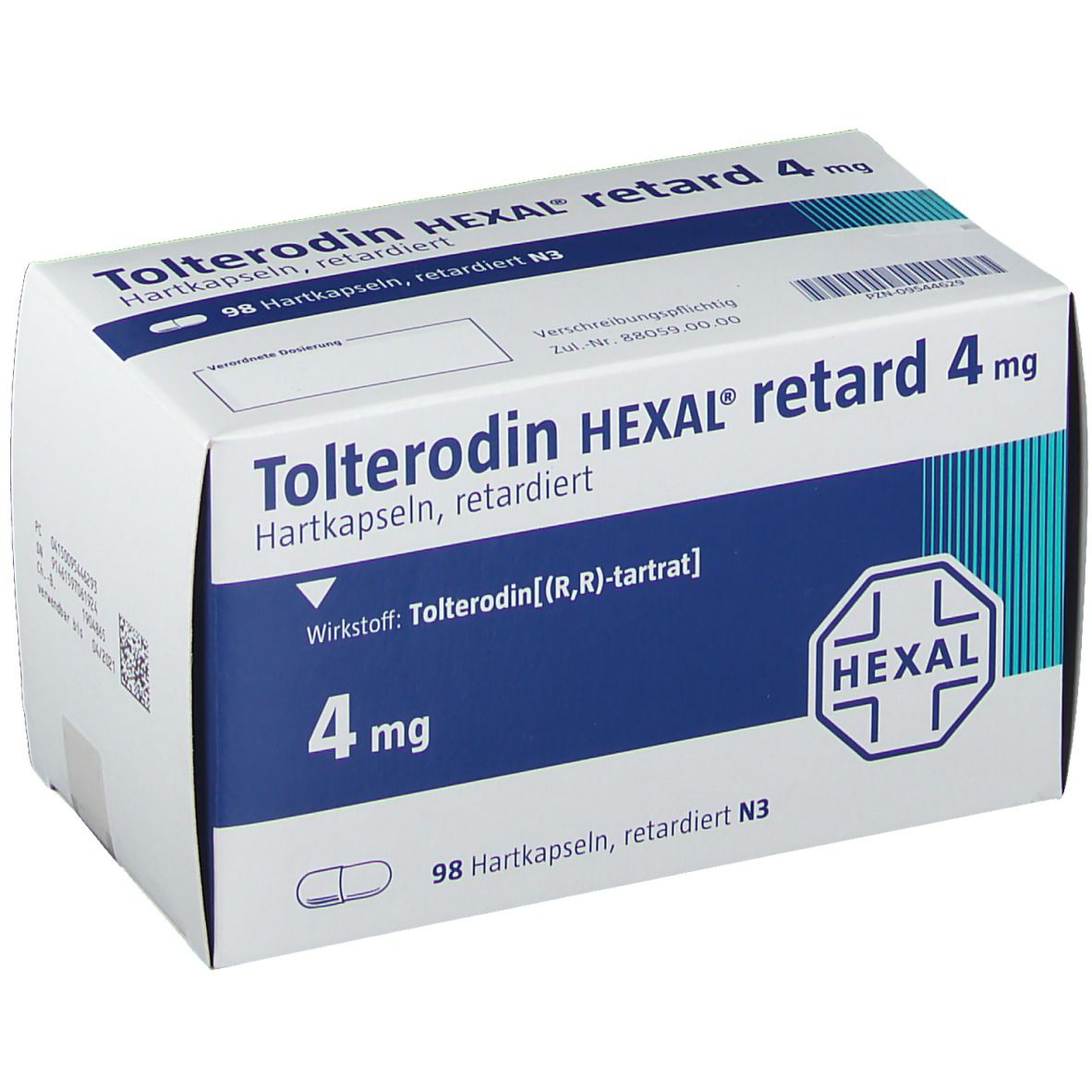 Weiße Faltschachtel mit blauer Fläche. Aufdruck: Tolterodin HEXAL retard 4 mg, 98 Hartkapseln. Logo HEXAL.