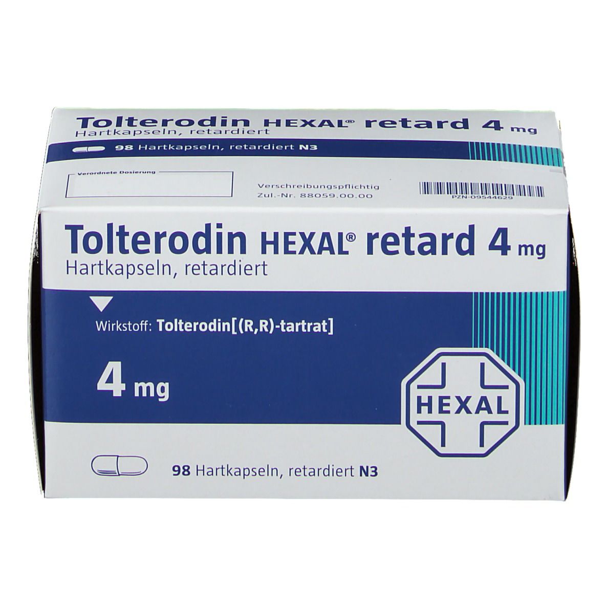 Weiße Faltschachtel mit blauer Fläche. Aufdruck: Tolterodin HEXAL retard 4 mg, 98 Hartkapseln. Logo HEXAL.