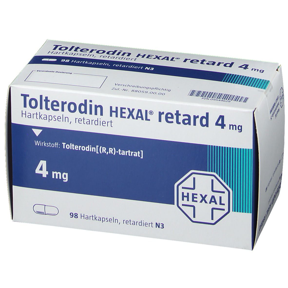 Weiße Faltschachtel mit blauer Fläche. Aufdruck: Tolterodin HEXAL retard 4 mg, 98 Hartkapseln. Logo HEXAL.