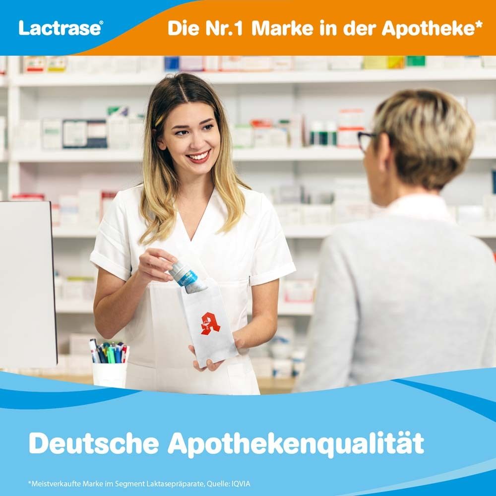 Apothekerin gibt Packung ab. Text: Deutsche Apothekenqualität. Lactrase® Logo.