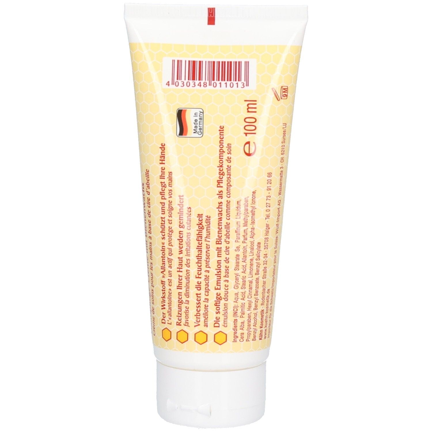 Rückseite der Creme-Tube. Text in Deutsch und Französisch. Aufschrift: 100 ml. Hergestellt in Deutschland.