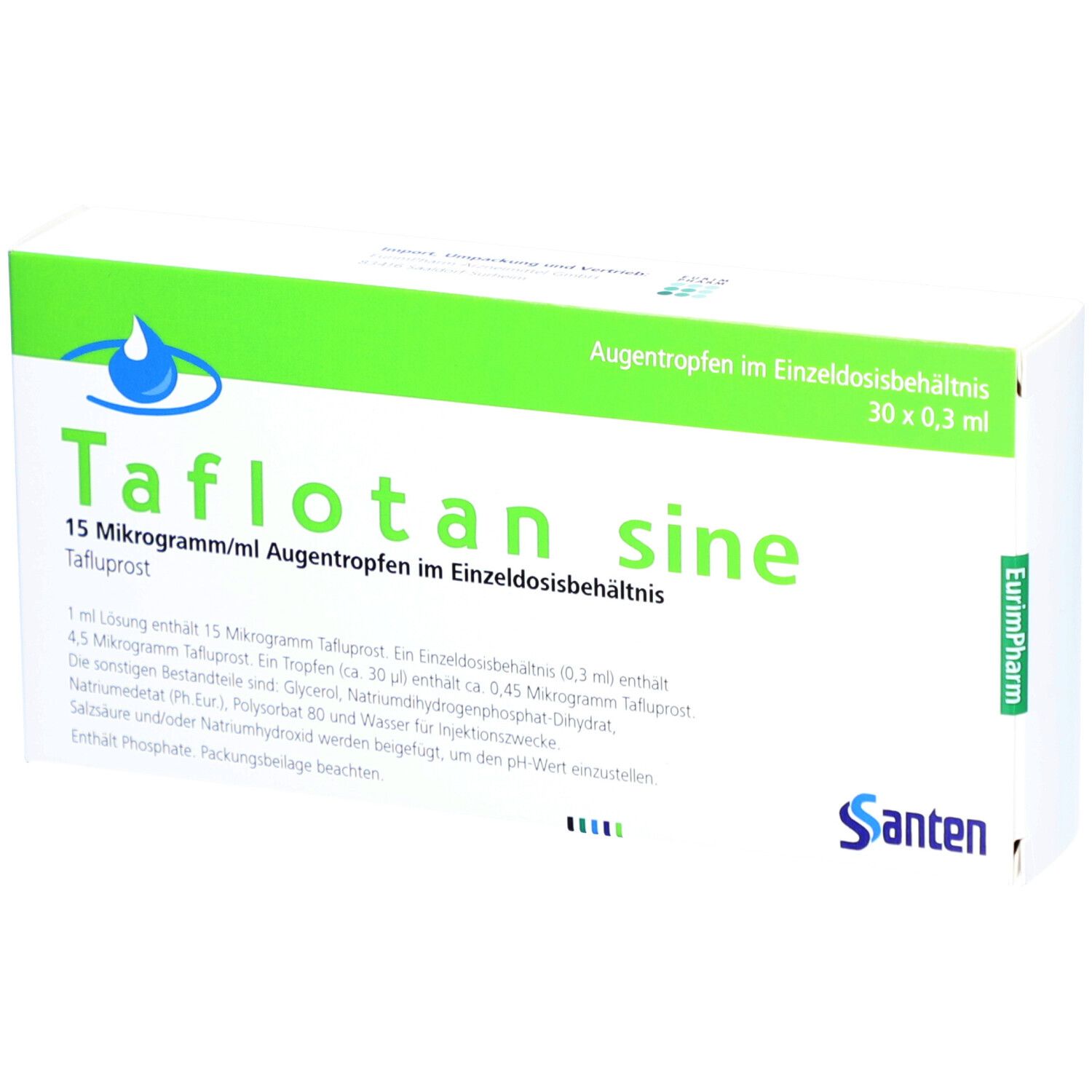 Verpackung von Taflotan sine Augentropfen. Weißer Karton mit grünen und blauen Elementen. Text: Taflotan sine, 15 Mikrogramm/ml.