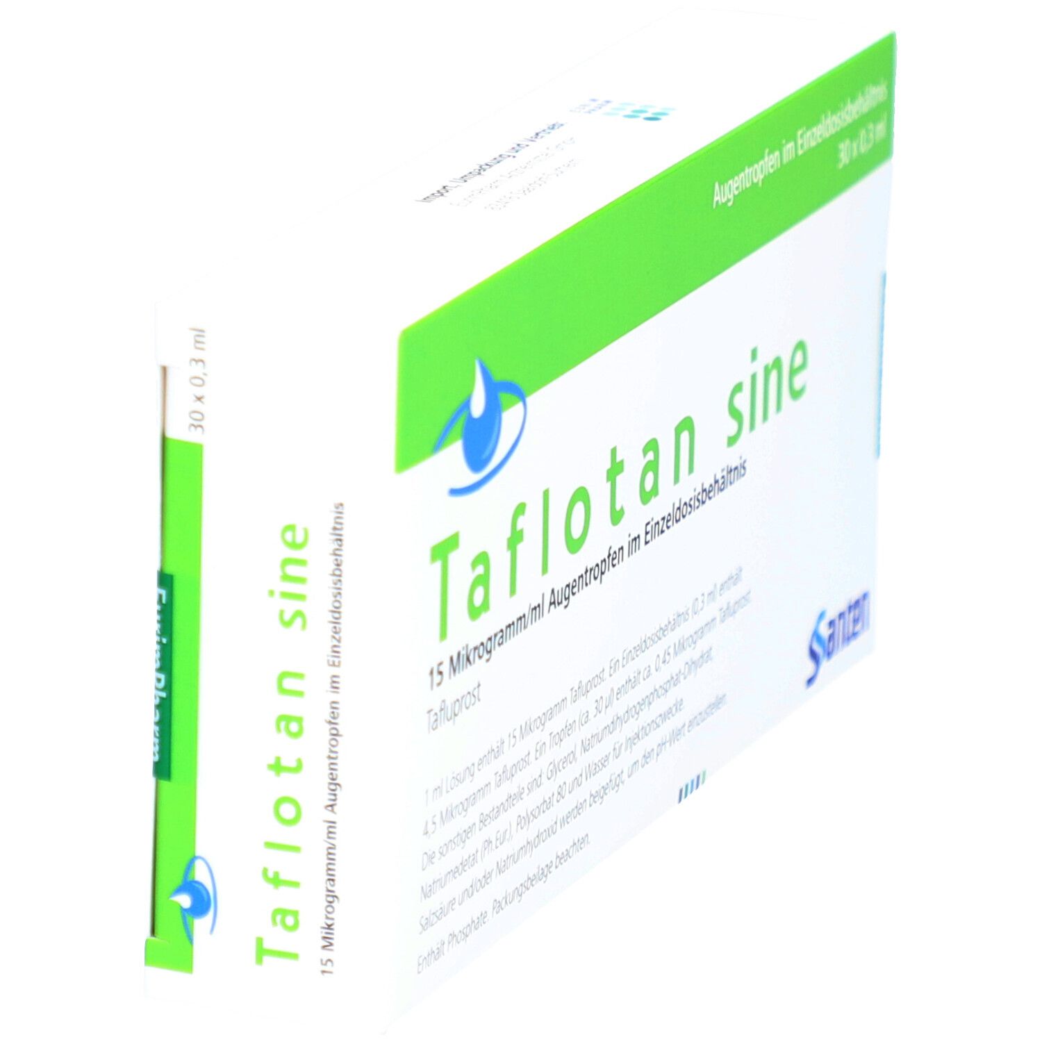 Schrägansicht der Taflotan sine Augentropfen-Verpackung. Weißer Karton mit grünen und blauen Elementen. Text: Taflotan sine, 15 Mikrogramm/ml.