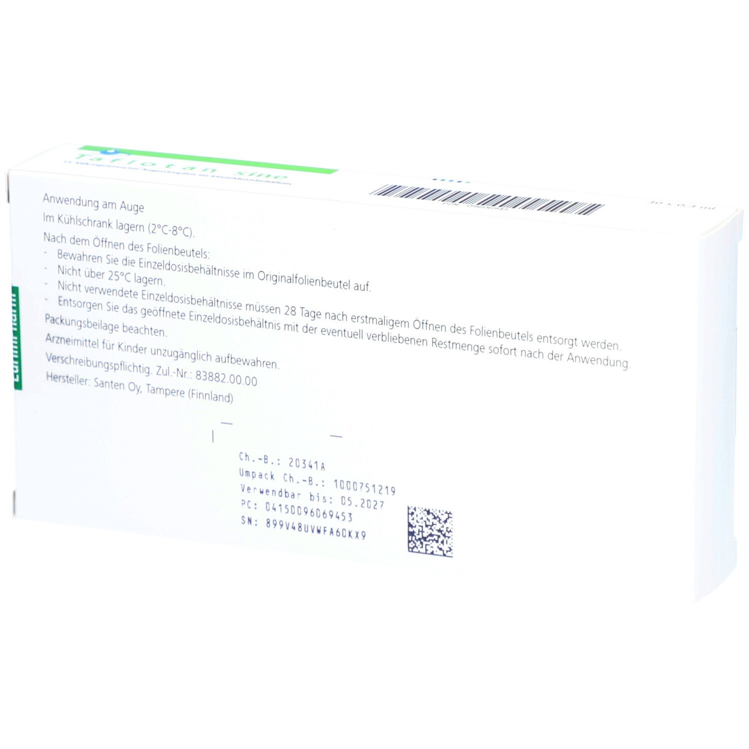 Rückseite der Taflotan sine Augentropfen-Verpackung. Weißer Karton mit Text. Informationen zu Anwendung, Lagerung und Hersteller.