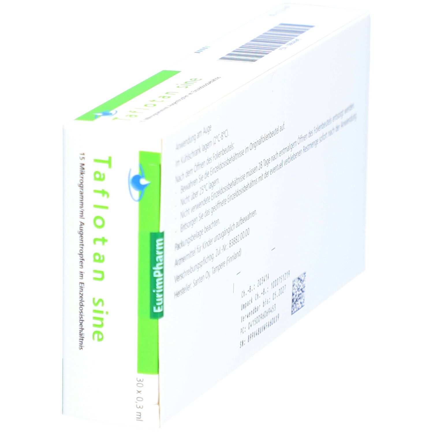 Schrägansicht der Taflotan sine Augentropfen-Verpackung. Weißer Karton mit grünen und blauen Elementen. Text: Taflotan sine, 15 Mikrogramm/ml.