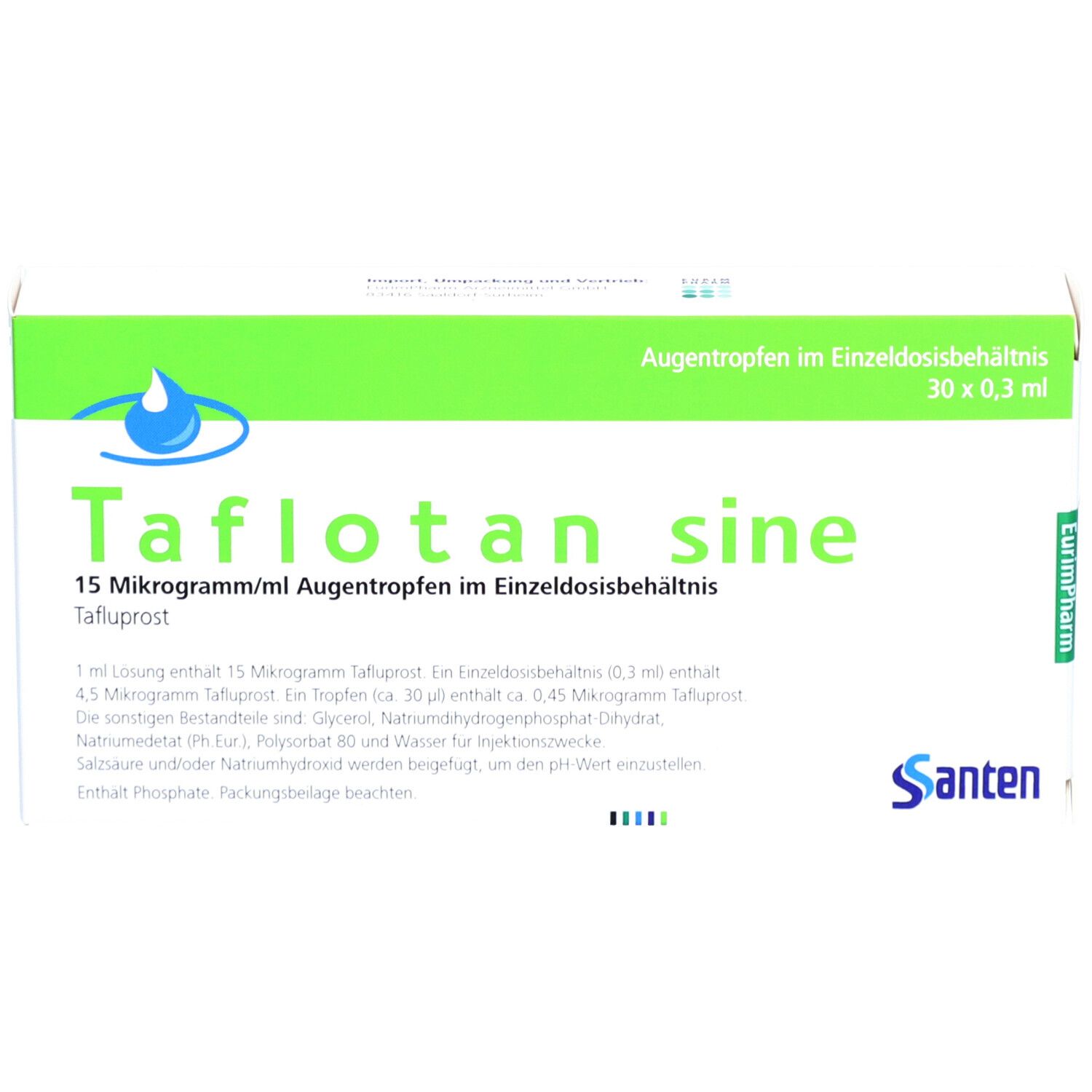 Vorderansicht der Taflotan sine Augentropfen-Verpackung. Weißer Karton mit grünen und blauen Elementen. Text: Taflotan sine, 15 Mikrogramm/ml.