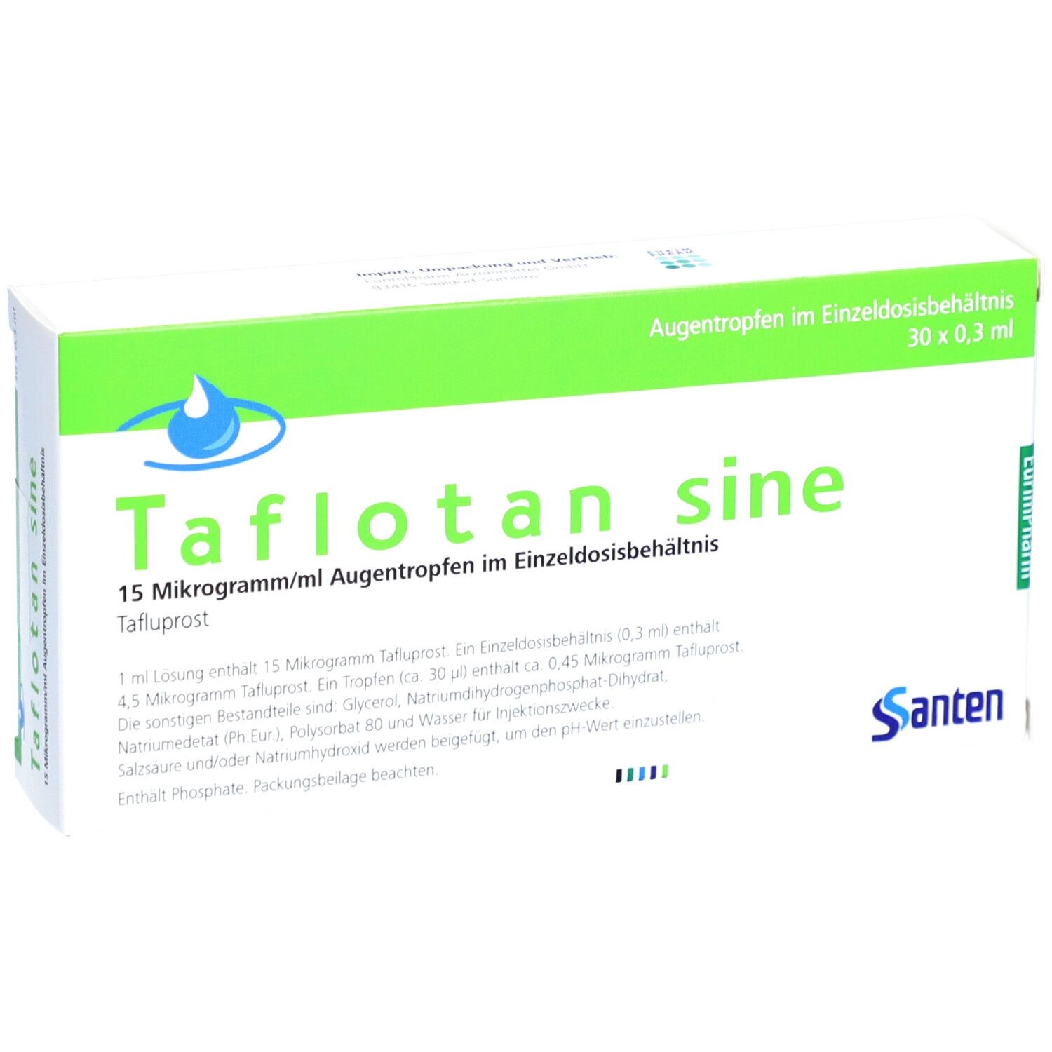 Vorderansicht der Taflotan sine Augentropfen-Verpackung. Weißer Karton mit grünen und blauen Elementen. Text: Taflotan sine, 15 Mikrogramm/ml.