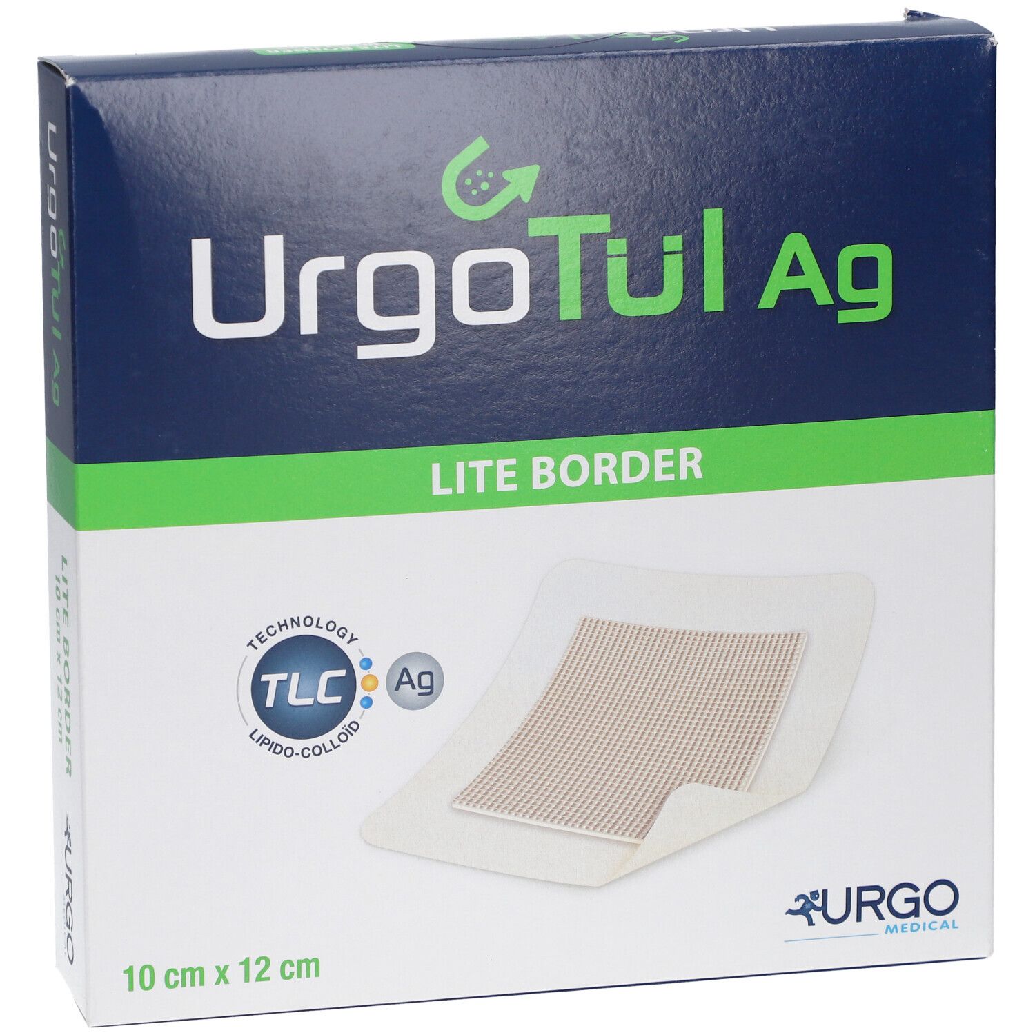 Verpackung von UrgoTül Ag Lite Border. Box mit Produkt und Logo. Größe: 10 cm x 12 cm.
