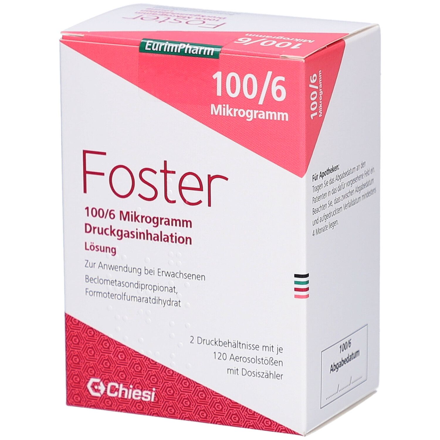 Weiße und rote Faltschachtel mit Produktinformationen. Schriftzug "Foster 100/6 Mikrogramm". Logo Chiesi.
