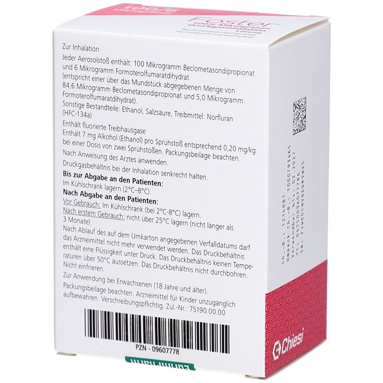 Rückseite der weißen Faltschachtel. Textinformationen, Inhaltsstoffe, Gebrauchsanweisung. Logo Chiesi. PZN-Nummer.