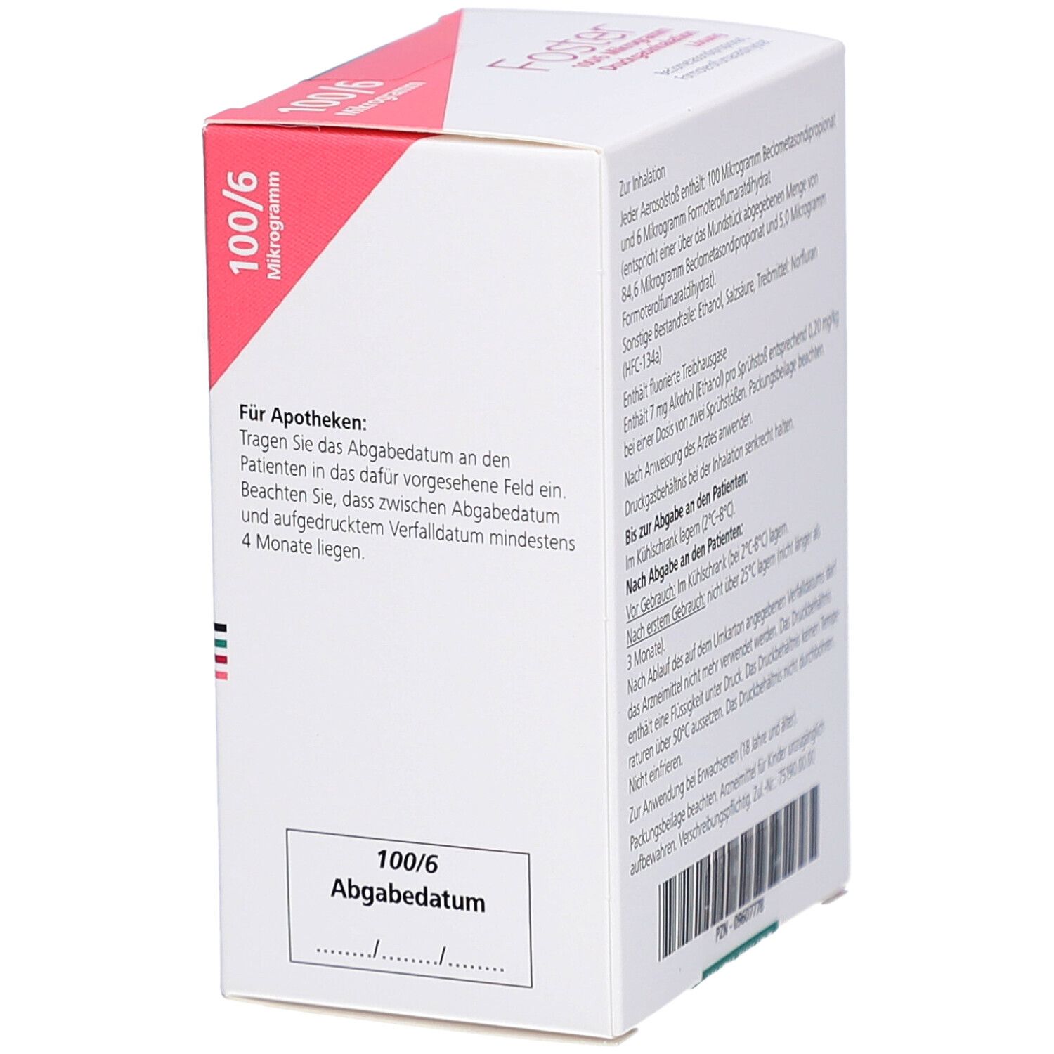 Weiße Faltschachtel mit rotem Akzent. Aufdruck "100/6 Mikrogramm". Feld für Abgabedatum. Logo Chiesi.