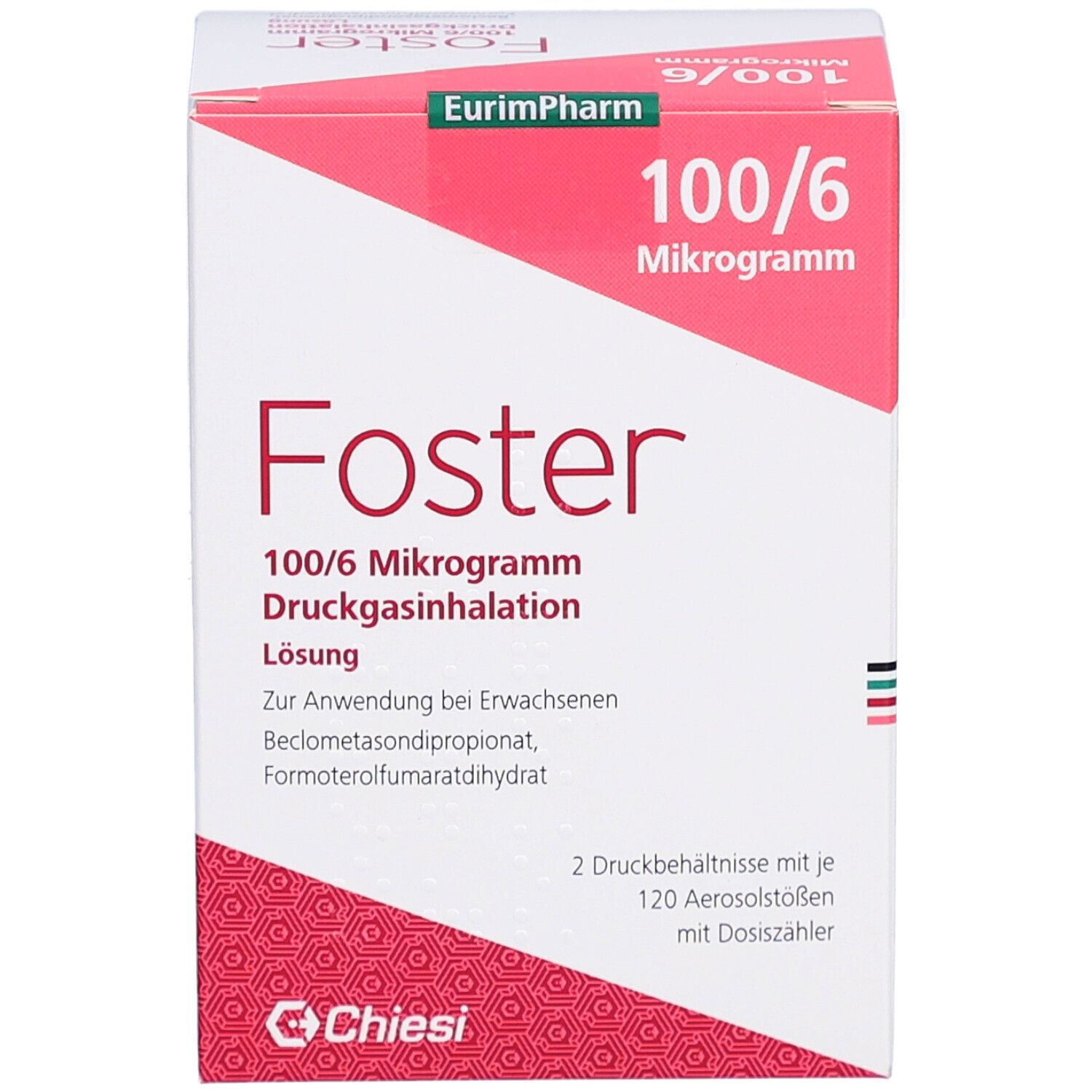 Weiße und rote Faltschachtel mit Produktinformationen. Schriftzug "Foster 100/6 Mikrogramm". Logo Chiesi.