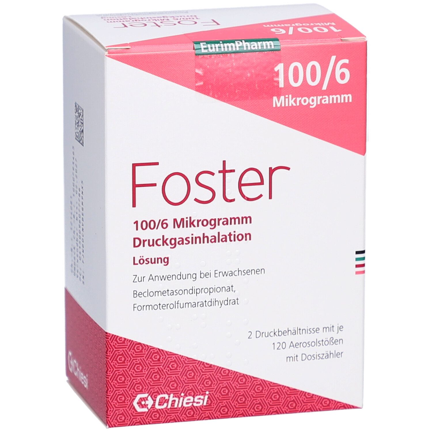 Weiße und rote Faltschachtel mit Produktinformationen. Schriftzug "Foster 100/6 Mikrogramm". Logo Chiesi.