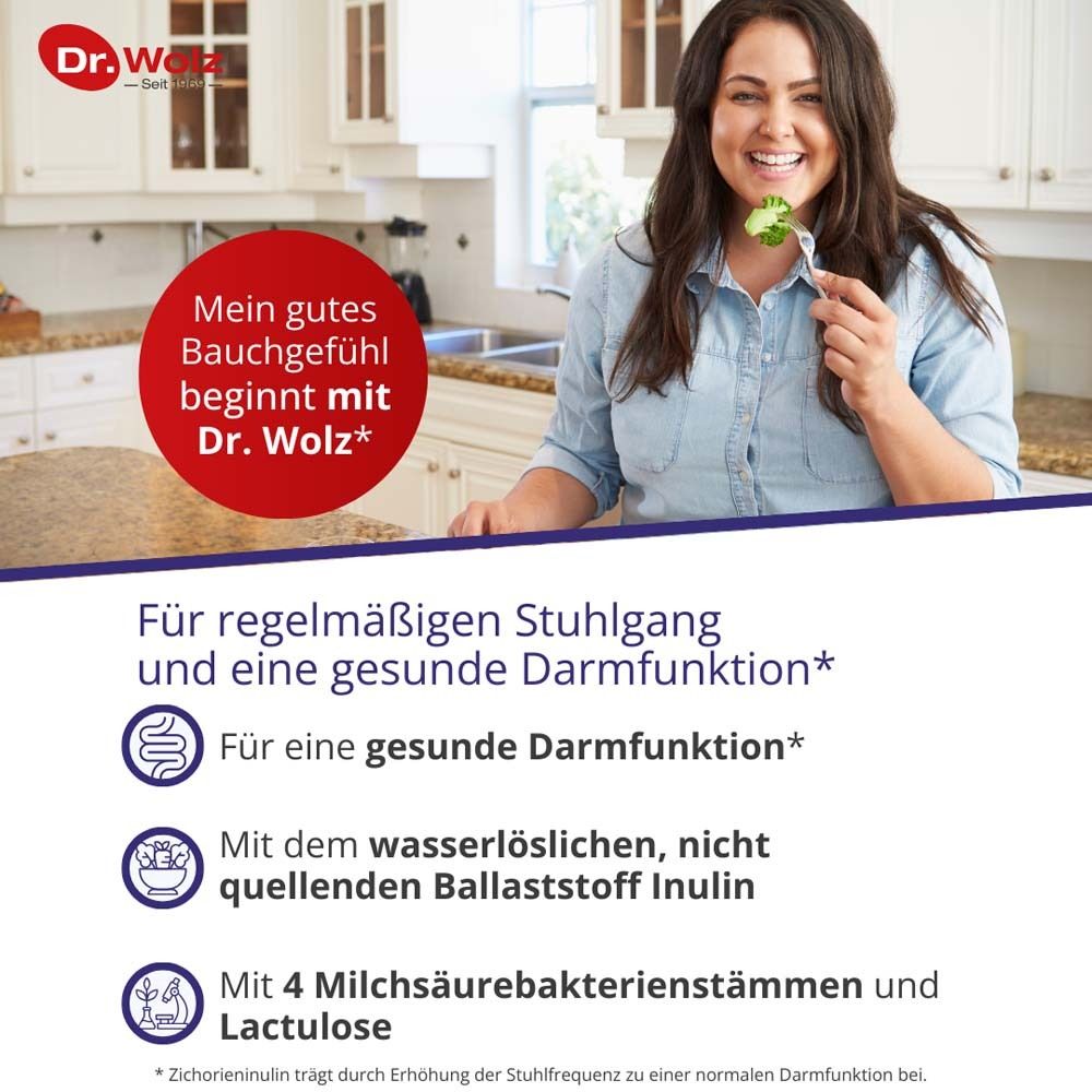 Frau mit Gemüse. Text: Mein gutes Bauchgefühl beginnt mit Dr. Wolz. Informationen zu regelmäßigen Stuhlgang und gesunder Darmfunktion.