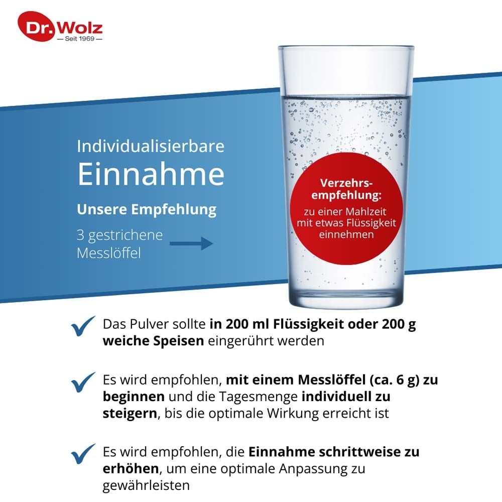 Glas mit Flüssigkeit. Text: Individualisierbare Einnahme. Empfehlung: 3 Messlöffel in 200 ml Flüssigkeit. Schrittweise erhöhen.