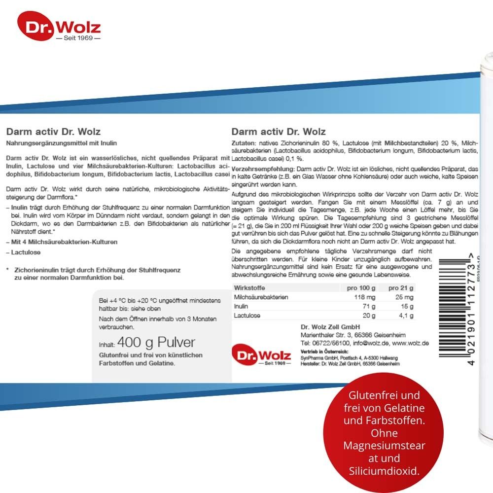 Rückseite der Dose. Informationen zu Inhaltsstoffen, Anwendung und Nährwerten. Glutenfrei und frei von Farbstoffen und Gelatine.