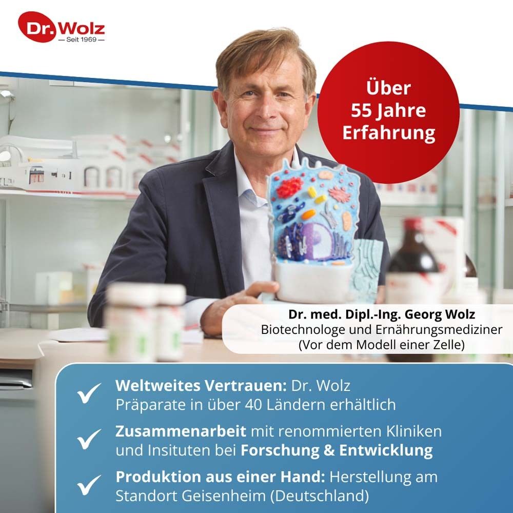 Mann vor Zellmodell. Text: Über 55 Jahre Erfahrung. Weltweites Vertrauen. Zusammenarbeit mit Kliniken. Produktion in Deutschland.