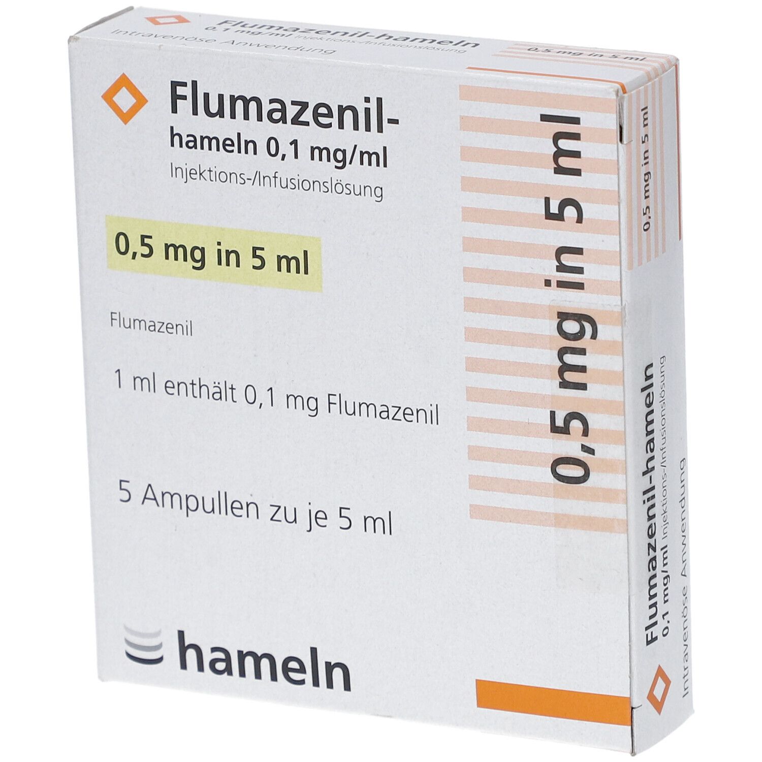 Verpackung von Flumazenil-hameln 0,1 mg/ml. Enthält 5 Ampullen zu je 5 ml. Aufdrucke: 0,5 mg in 5 ml, hameln.