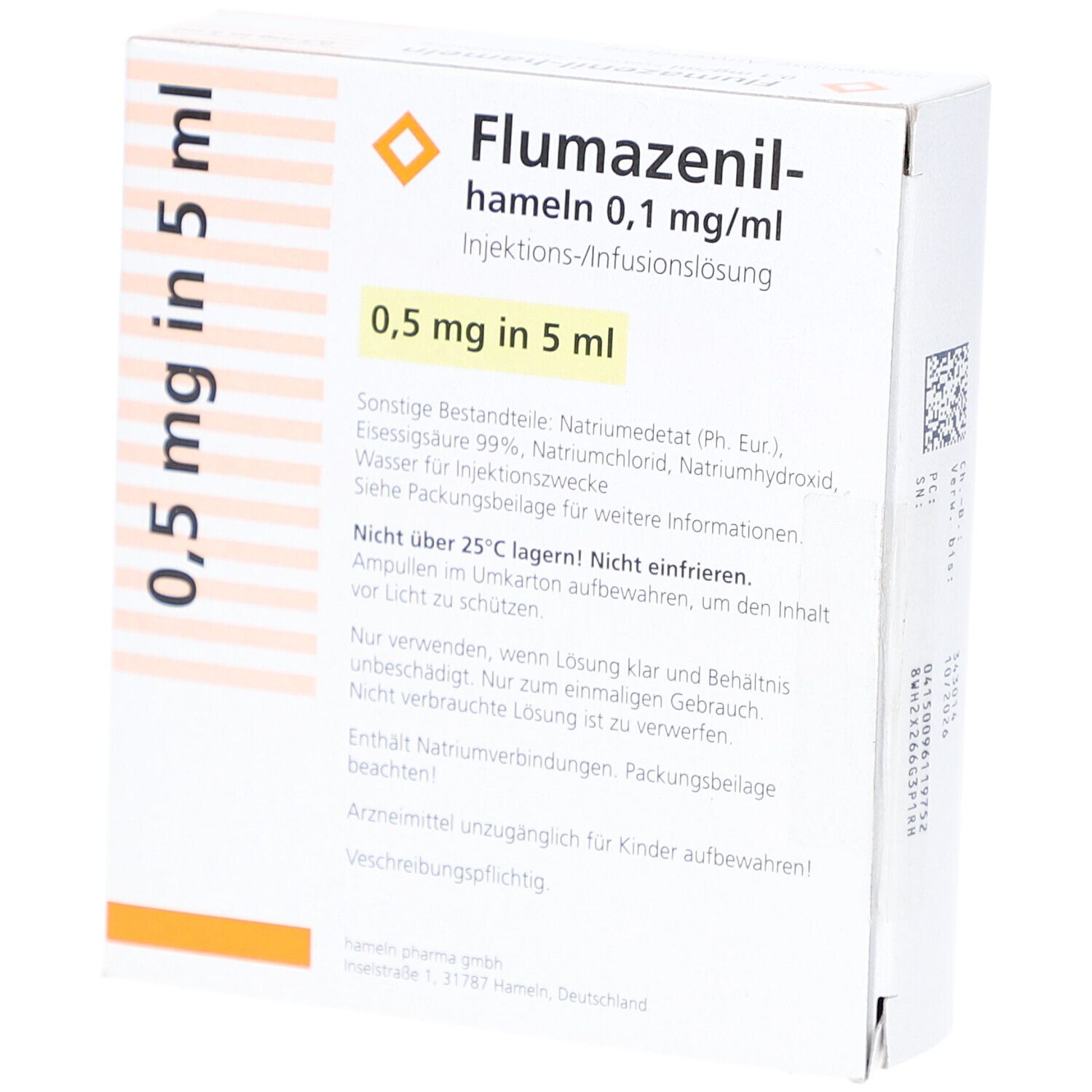 Rückseite der Flumazenil-hameln 0,1 mg/ml Verpackung. Enthält Informationen und Warnhinweise. Aufdrucke: 0,5 mg in 5 ml, hameln.