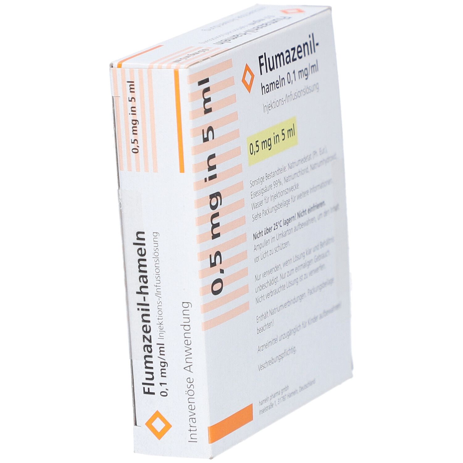 Schrägansicht der Flumazenil-hameln 0,1 mg/ml Verpackung. Aufdrucke: 0,5 mg in 5 ml, hameln. Intravenöse Anwendung.