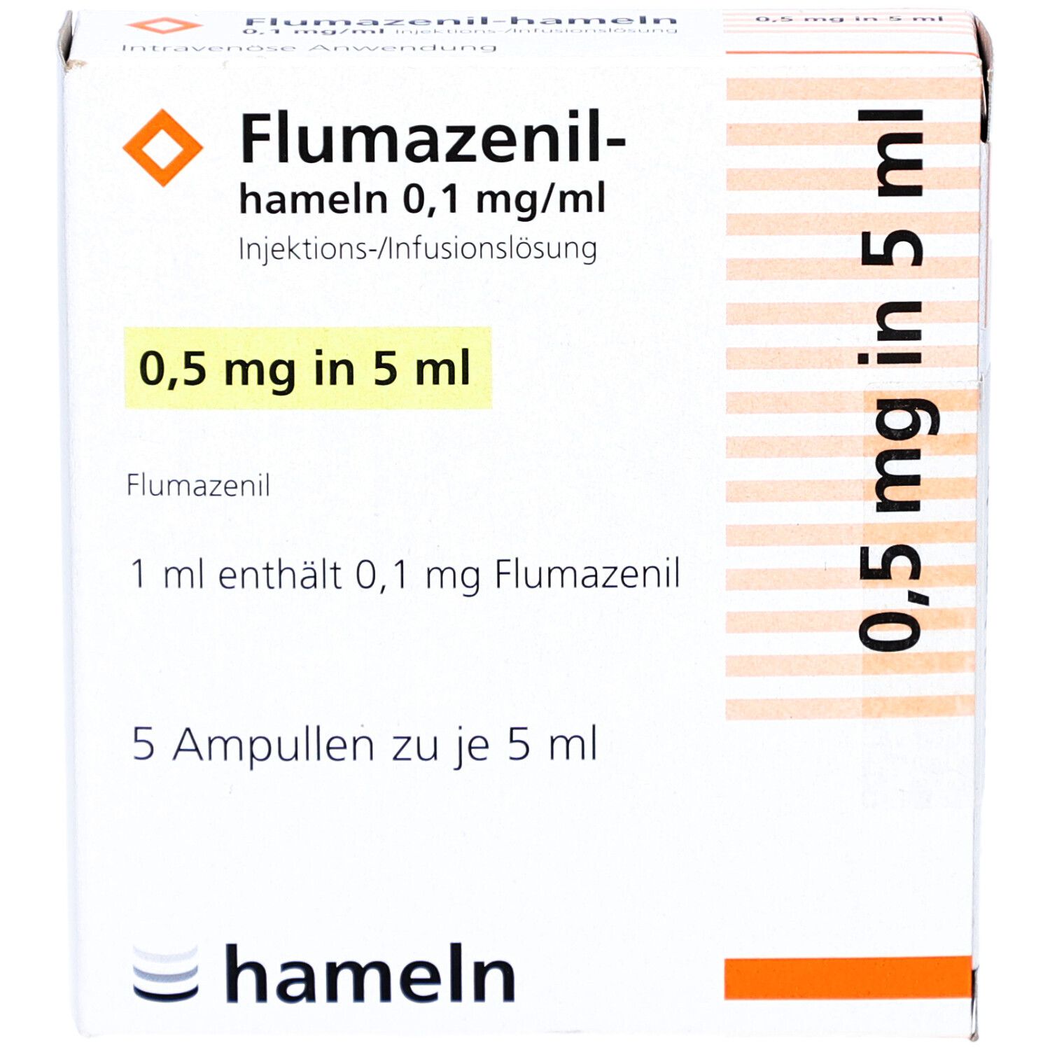 Vorderseite der Flumazenil-hameln 0,1 mg/ml Verpackung. Aufdrucke: 0,5 mg in 5 ml, hameln. Enthält 5 Ampullen.