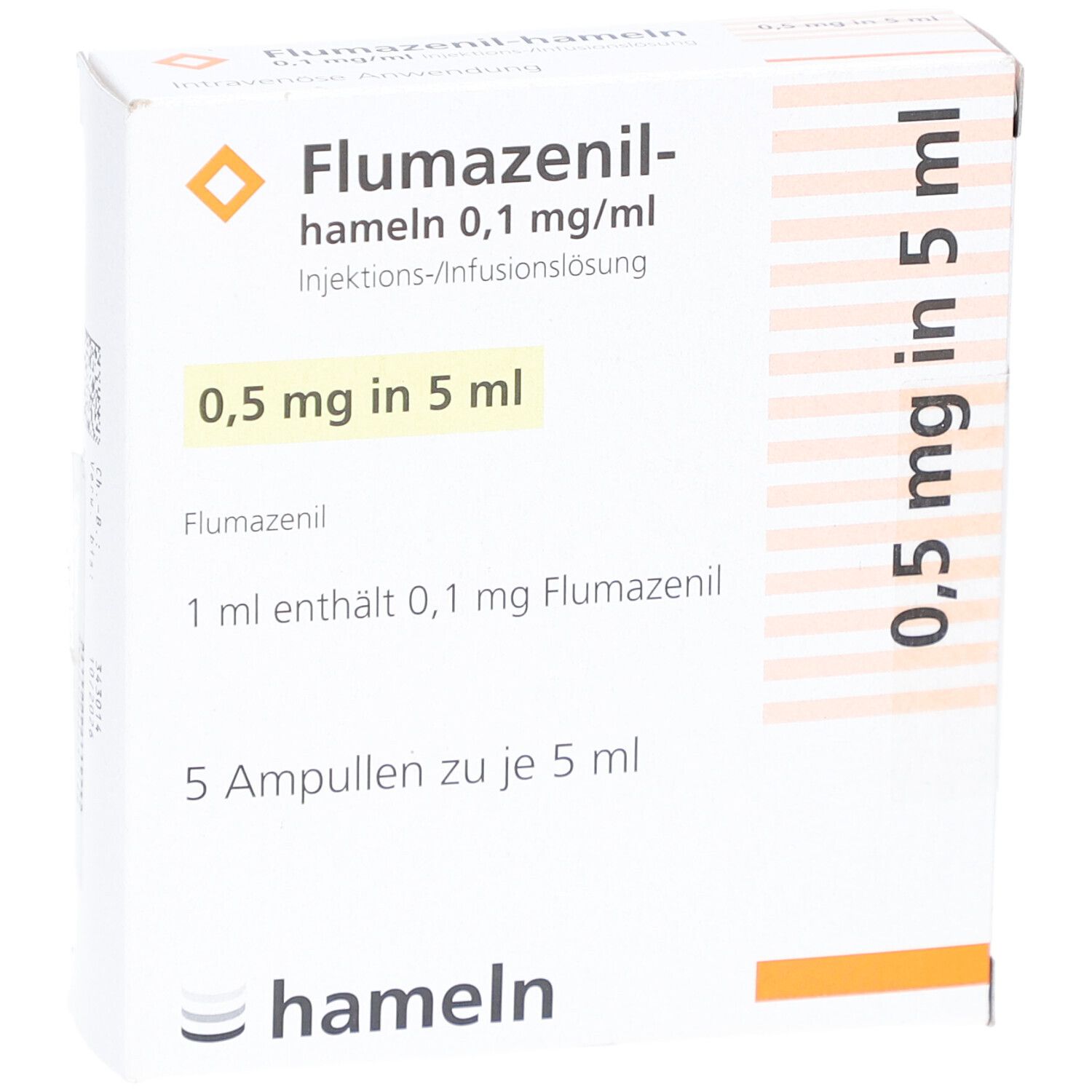 Flumazenil-hameln 0,1 mg/ml Verpackung. Aufdrucke: 0,5 mg in 5 ml, hameln. Enthält Informationen zur Dosierung.