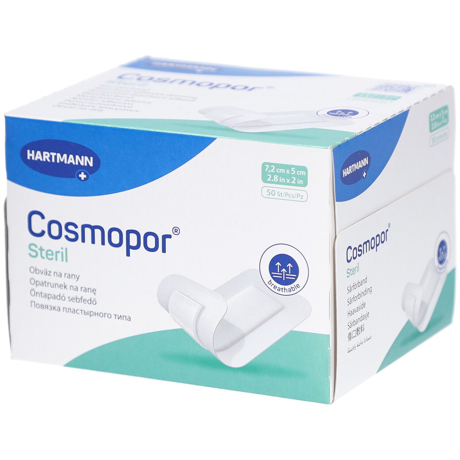Verpackung von Cosmopor Steril. Box mit blauer und weißer Gestaltung. Enthält 50 Stück. Größe 7,2x5cm. Marke Hartmann.