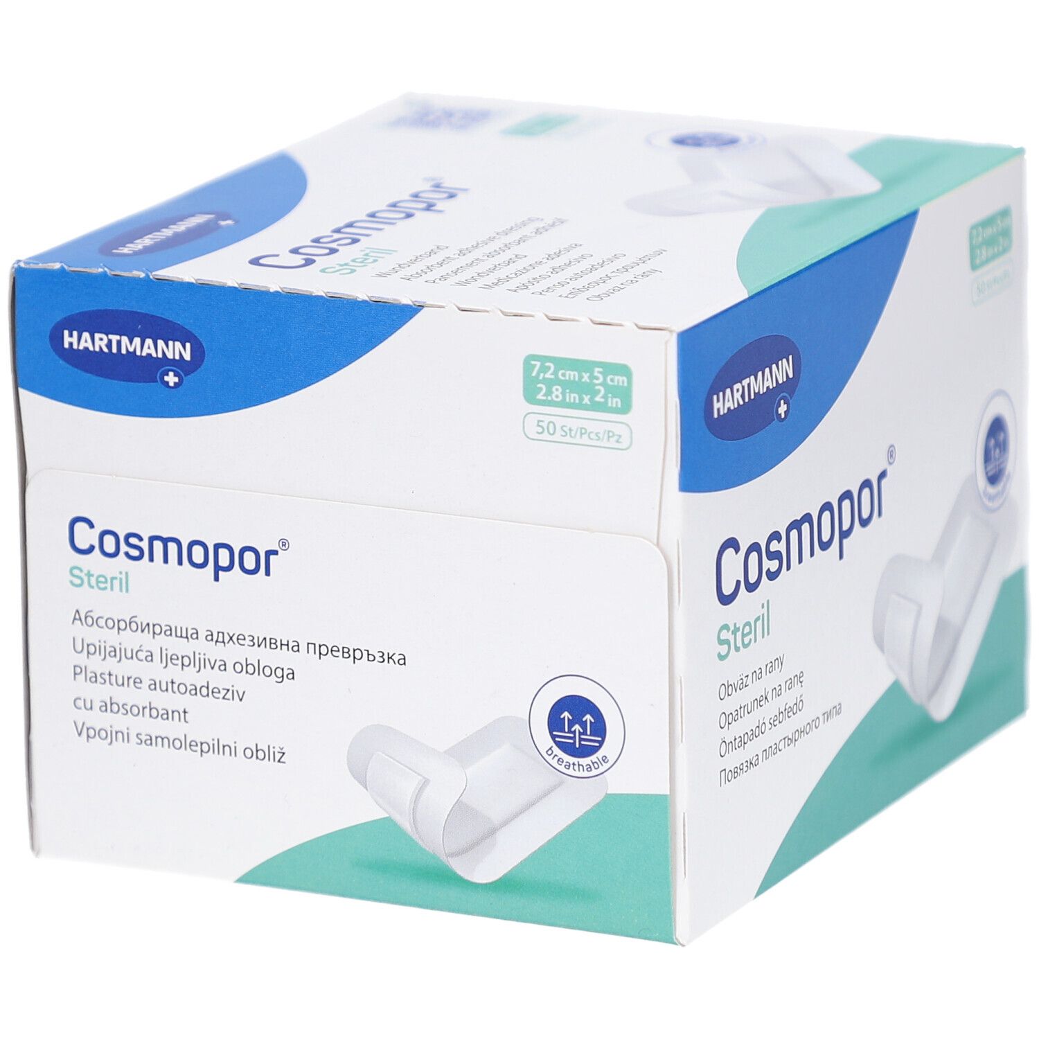 Verpackung von Cosmopor Steril. Box mit blauer und weißer Gestaltung. Enthält 50 Stück. Größe 7,2x5cm. Marke Hartmann.