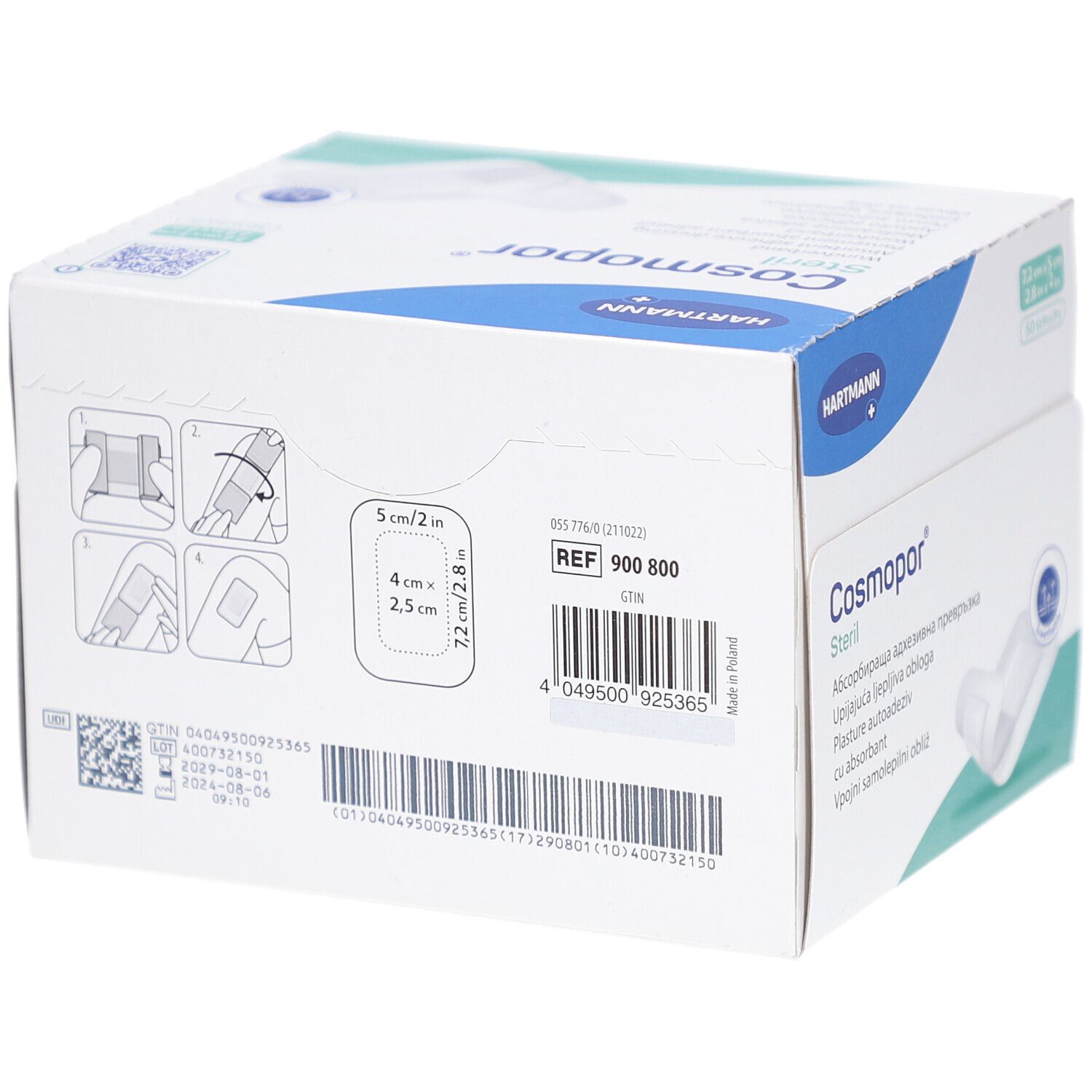 Rückseite der Cosmopor Steril Verpackung. Enthält Informationen wie REF-Nummer, Barcode und Größenangaben. Hergestellt in Polen.