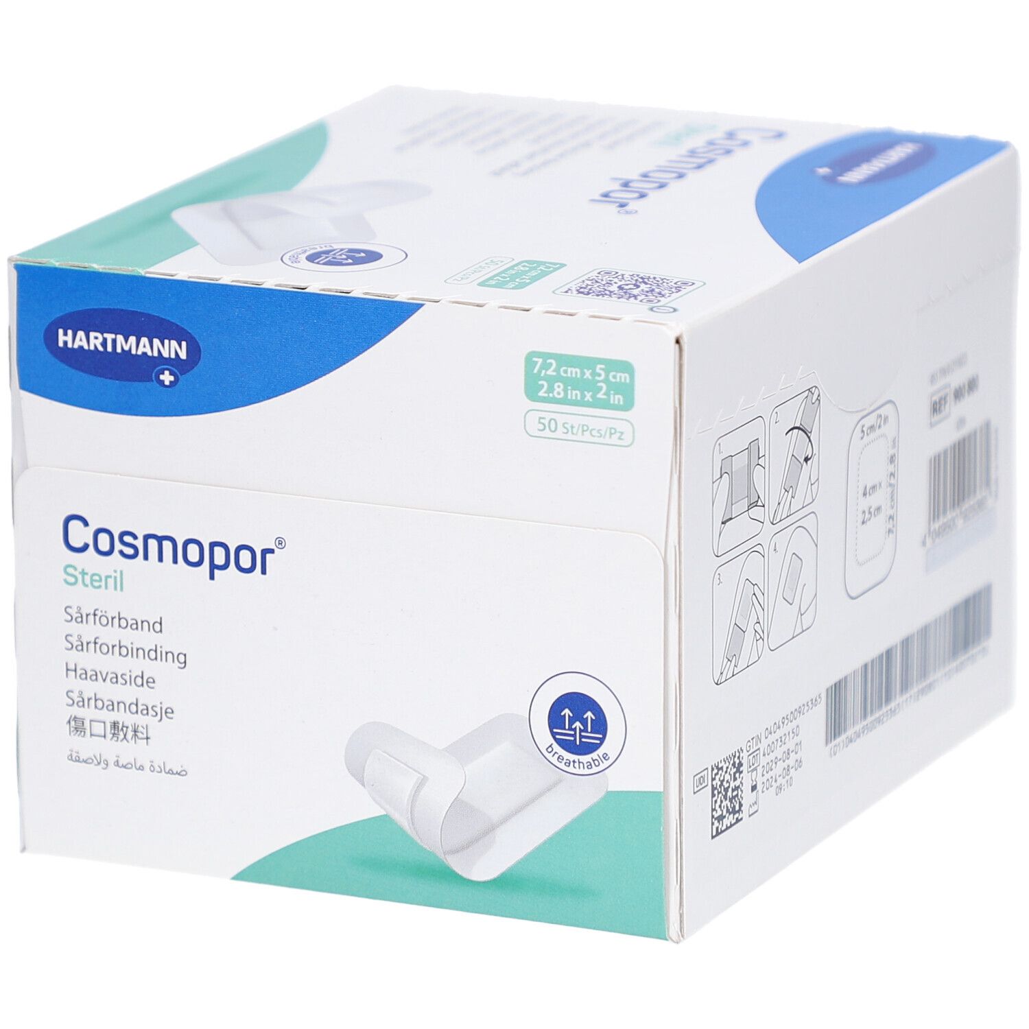 Verpackung von Cosmopor Steril. Box mit blauer und weißer Gestaltung. Enthält 50 Stück. Größe 7,2x5cm. Marke Hartmann.