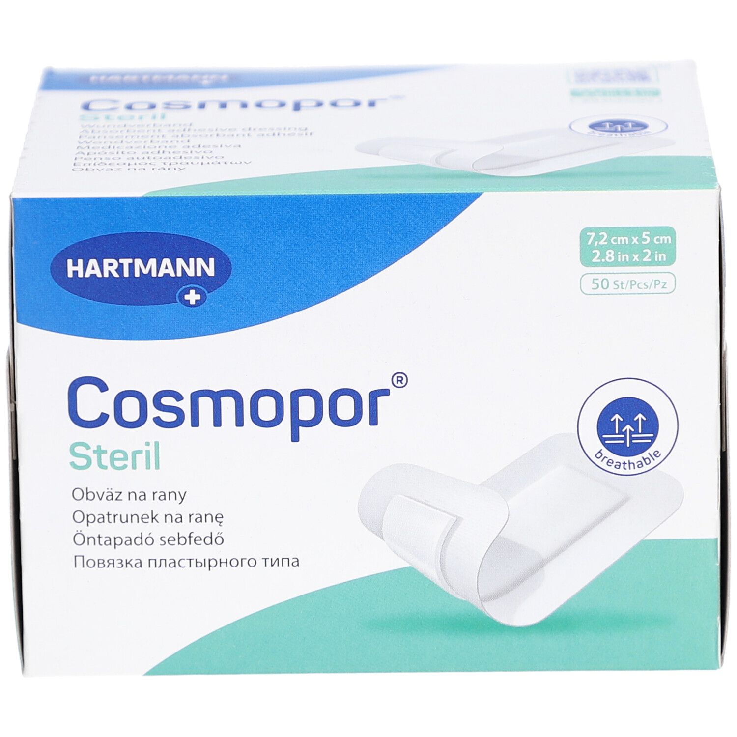 Verpackung von Cosmopor Steril. Box mit blauer und weißer Gestaltung. Enthält 50 Stück. Größe 7,2x5cm. Marke Hartmann.