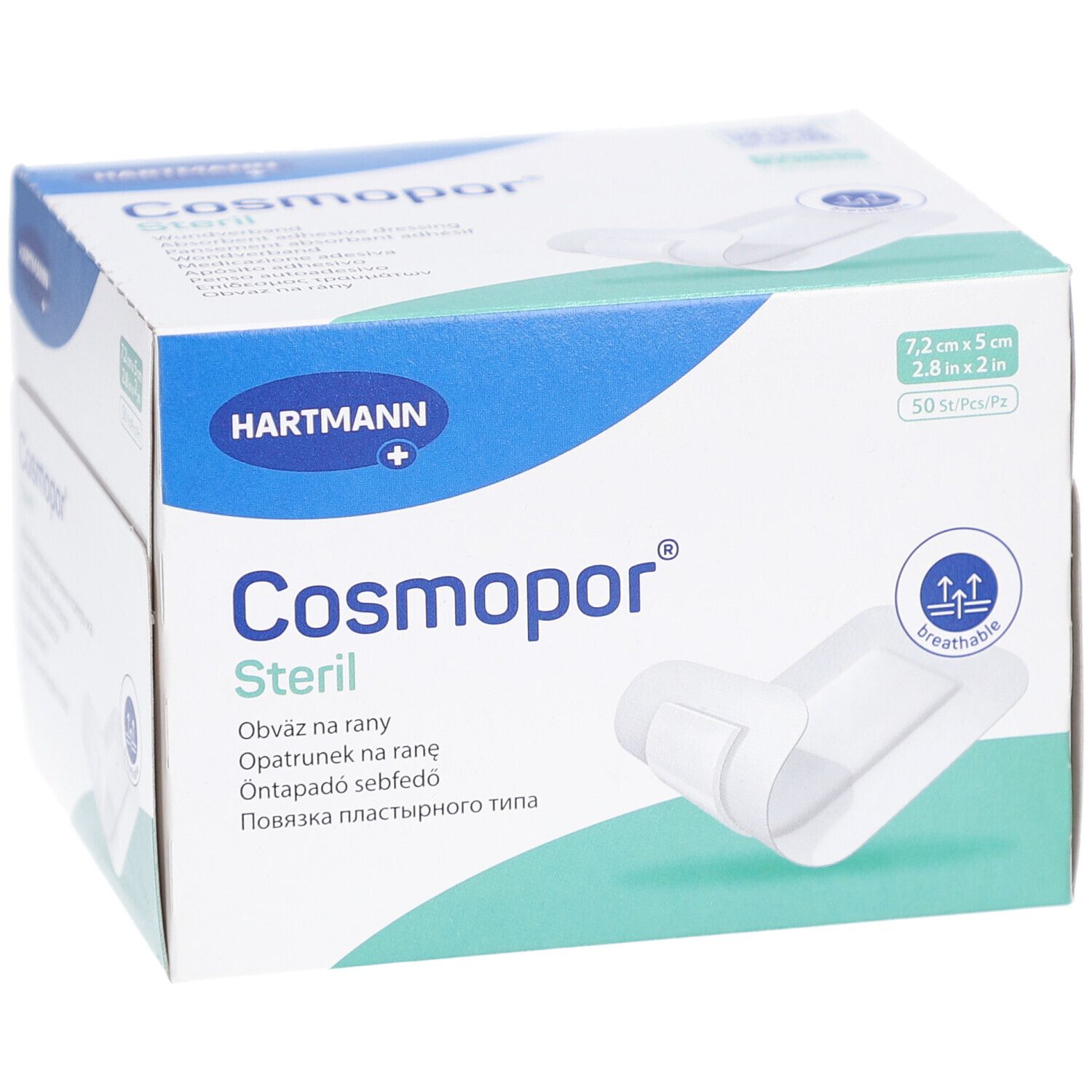 Verpackung von Cosmopor Steril. Box mit blauer und weißer Gestaltung. Enthält 50 Stück. Größe 7,2x5cm. Marke Hartmann.