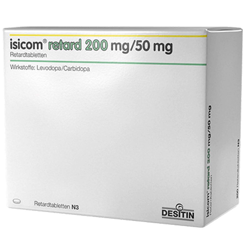 Weiße Arzneimittelverpackung mit Aufschrift "isicom retard 200 mg/50 mg". Enthält Retardtabletten. Hersteller: DESITIN.