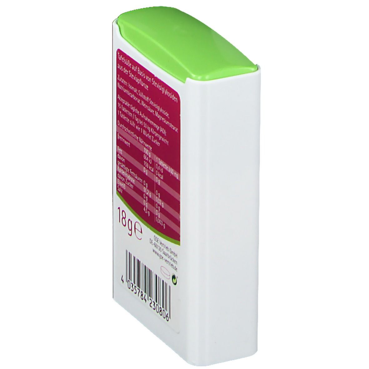 Tablettenspender mit grünem Deckel. Rückseite mit Nährwertangaben und Barcode. Gewicht: 18g.