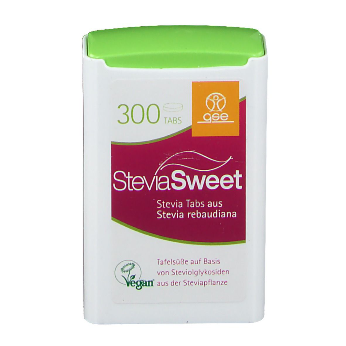 Weiße Tablettenspender mit grünem Deckel. Aufschrift: SteviaSweet, 300 Tabs, vegan. Logo: GSE.
