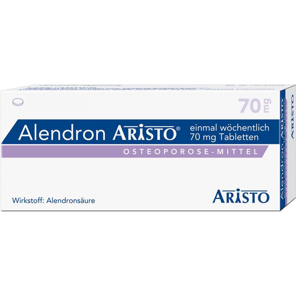 Alendron Aristo 70 mg Tabletten-Packung. Weißer Karton mit blauer und lila Schrift. Osteoporose-Mittel.