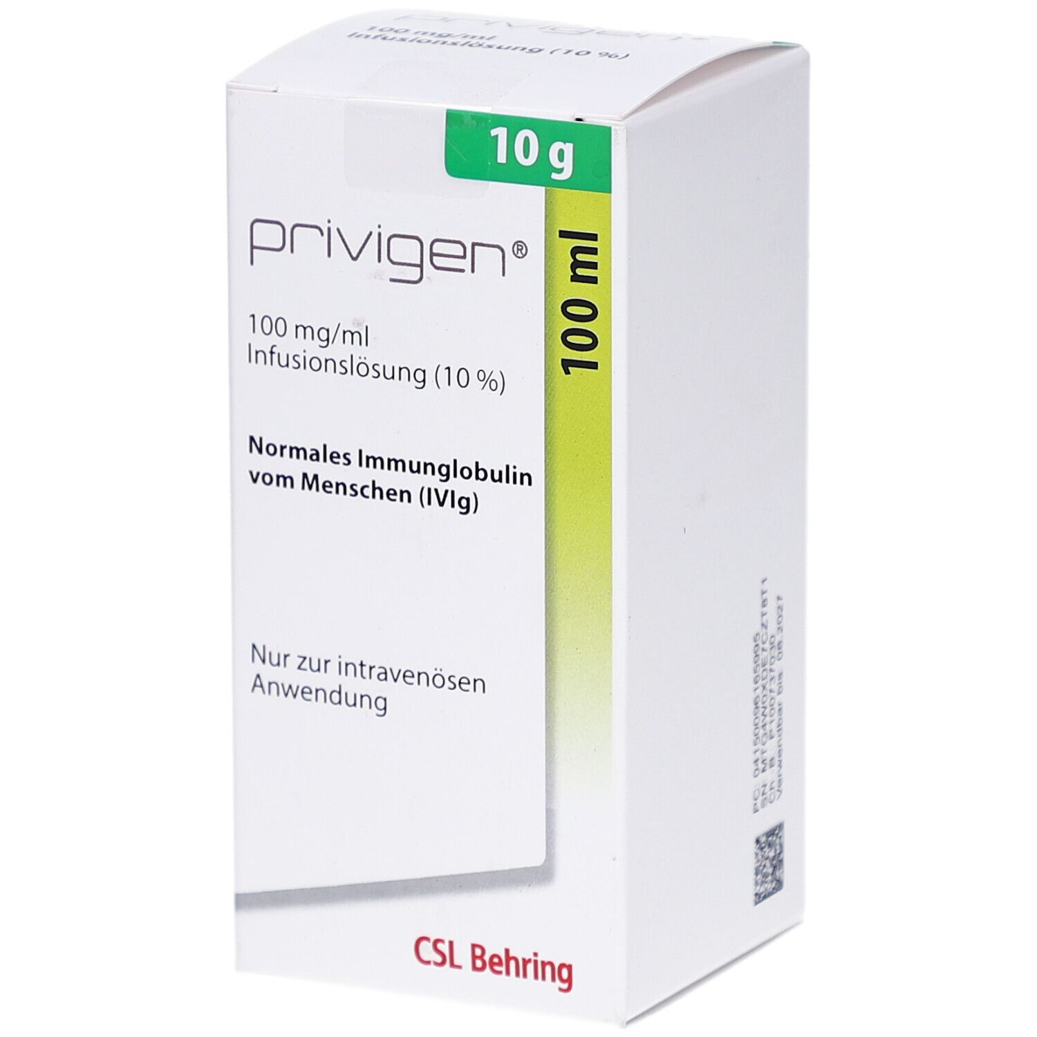 Weiße Faltschachtel mit PRIVIGEN, 10 g, 100 ml. Text: 100 mg/ml Infusionslösung (10%), Normales Immunglobulin vom Menschen (IVIg).