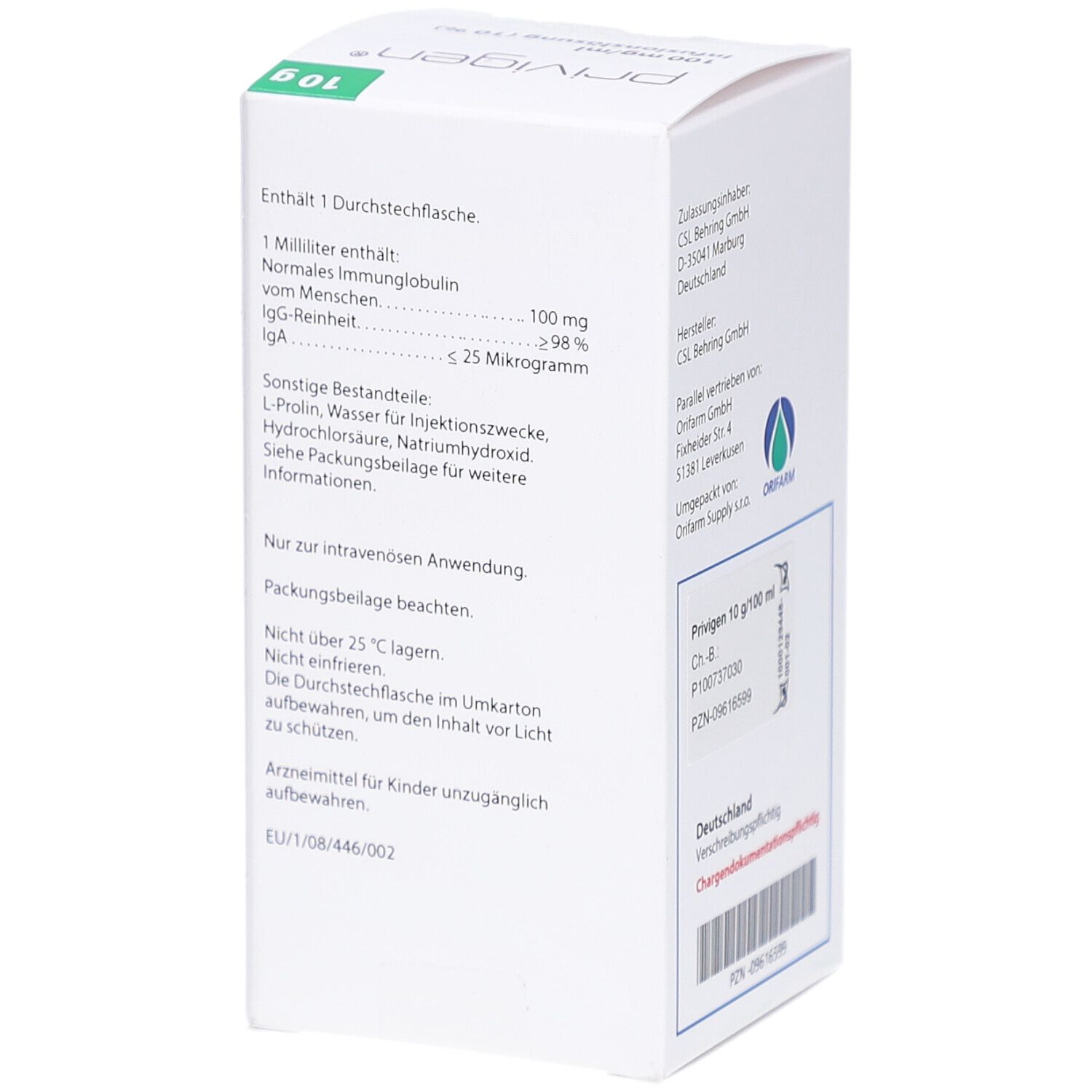 Weiße Faltschachtel mit Text. Enthält 1 Durchstechflasche. Text: 1 ml enthält normales Immunglobulin vom Menschen, IgG-Reinheit, IgA.