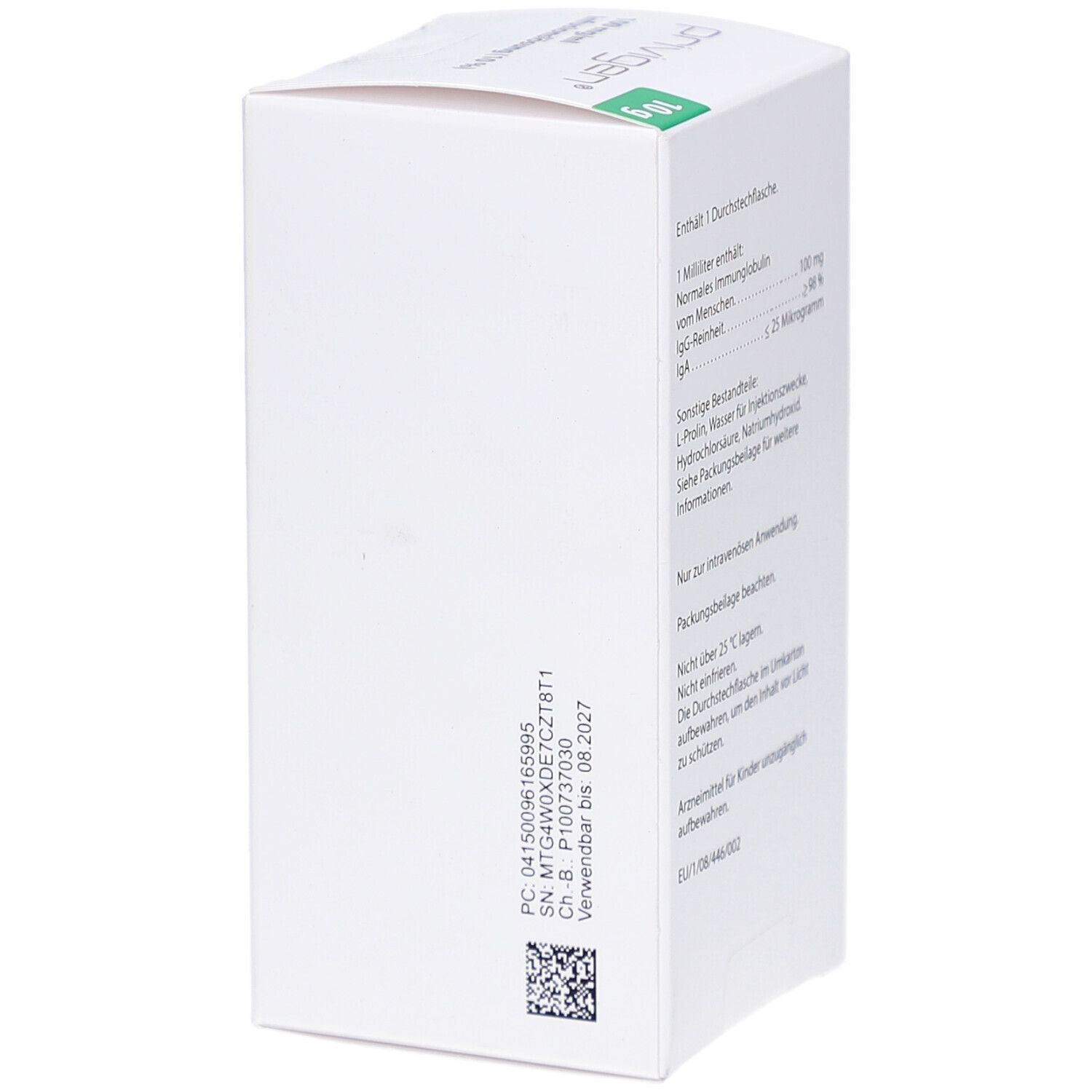 Weiße Faltschachtel mit Text. Text: Enthält 1 Durchstechflasche. Informationen zu Inhaltsstoffen, Lagerung, und EU-Kennzeichnung.