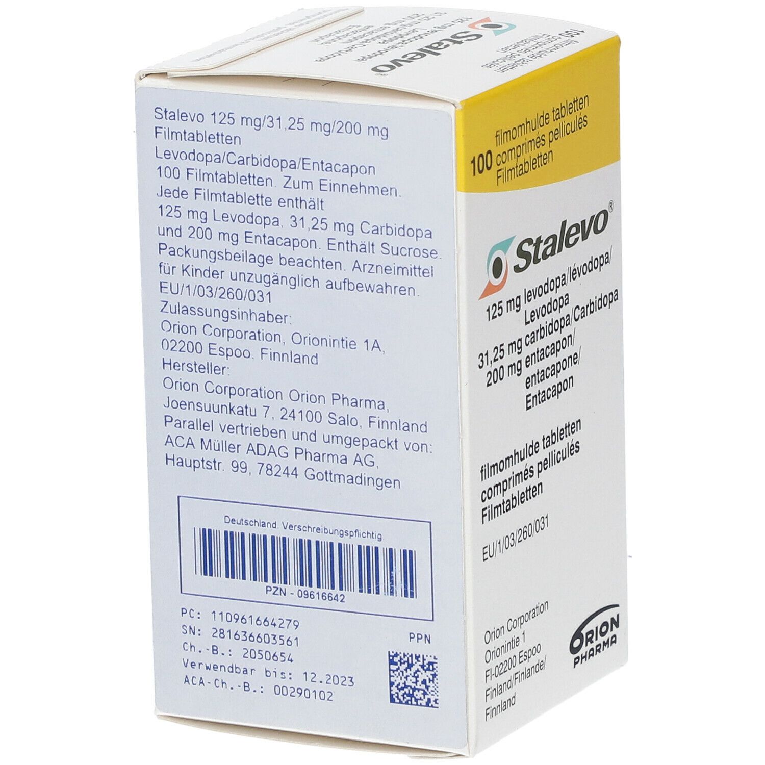 Schachtel mit STALEVO 125/31.25/200mg Filmtabletten. Enthält 100 Tabletten. Aufdruck mit Produktinformationen und Herstellerangaben.