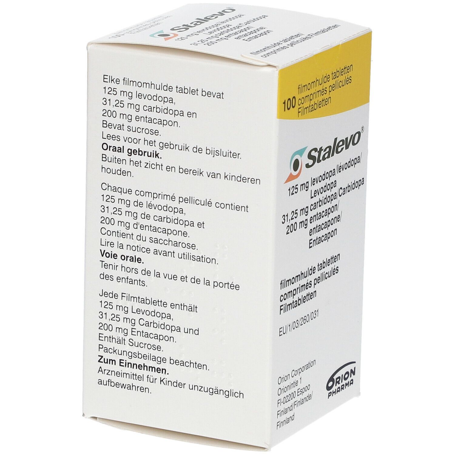 Schachtel STALEVO 125/31.25/200mg. 100 Filmtabletten. Mehrsprachige Produktinformationen. Herstellerangaben und Logo.
