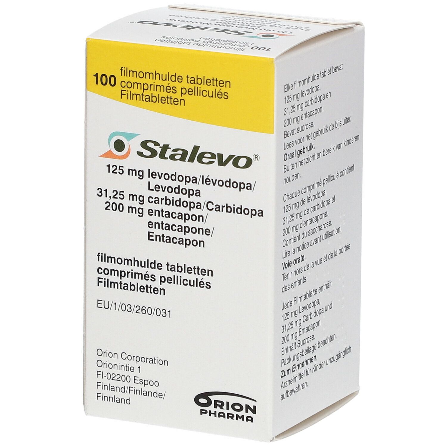 Schachtel STALEVO 125/31.25/200mg. 100 Filmtabletten. Logo und Produktinformationen. Herstellerangaben und EU-Zulassungsnummer.
